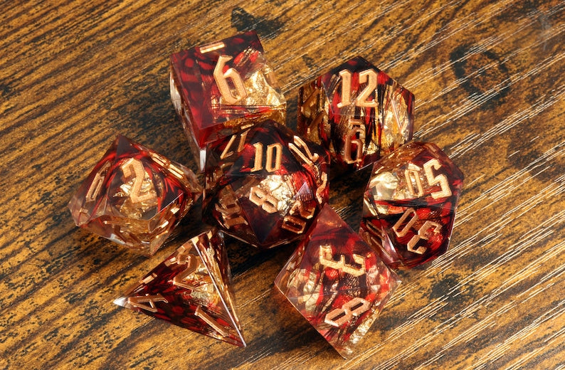 Phoenix Rising dice set - Red feather sharp edge dice set with gold flakes - The Wizard's Vault