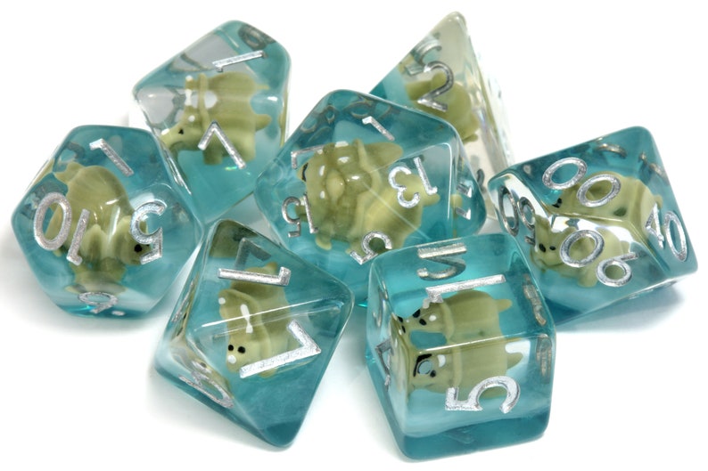 Baby Triceratops dice set, Olive Green, Dinosaur dice - The Wizard's Vault