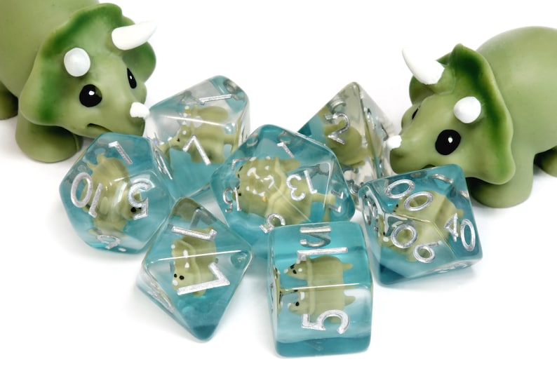 Baby Triceratops dice set, Olive Green, Dinosaur dice - The Wizard's Vault