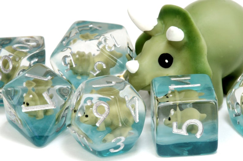 Baby Triceratops dice set, Olive Green, Dinosaur dice - The Wizard's Vault