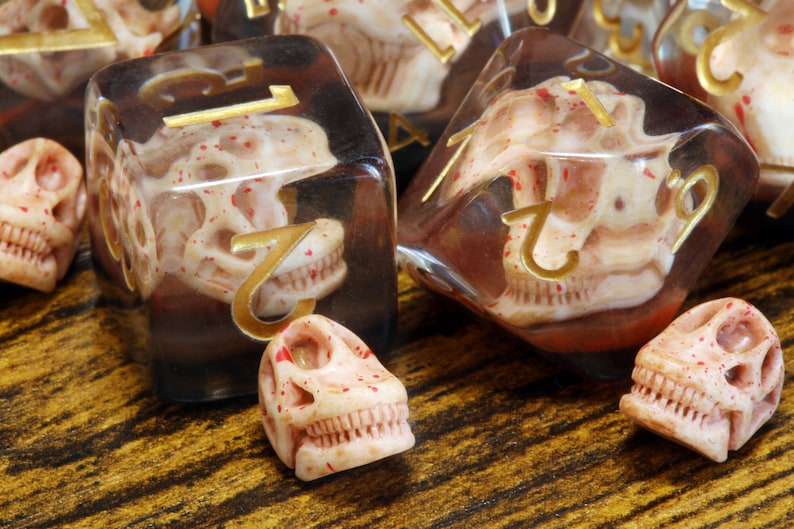 Paleontologist's Treasure dice set, Transparent with dinosaur skull - The Wizard's Vault