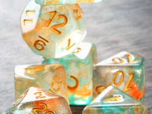 Swirls Dice Set Golden with turquoise orange - The Wizard's Vault