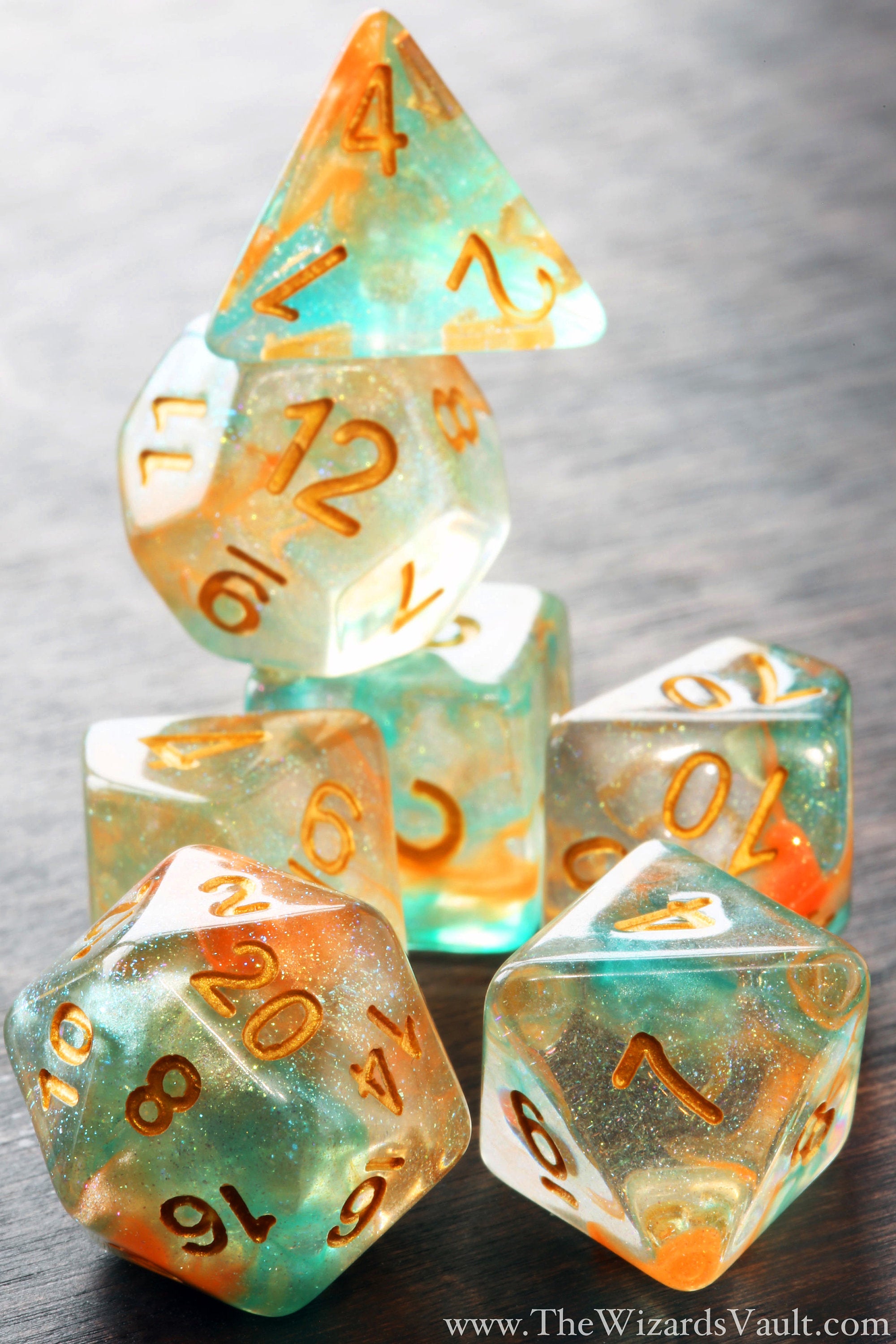 Swirls Dice Set Golden with turquoise orange - The Wizard's Vault