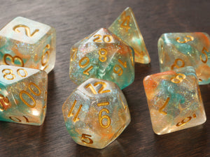 Swirls Dice Set Golden with turquoise orange - The Wizard's Vault
