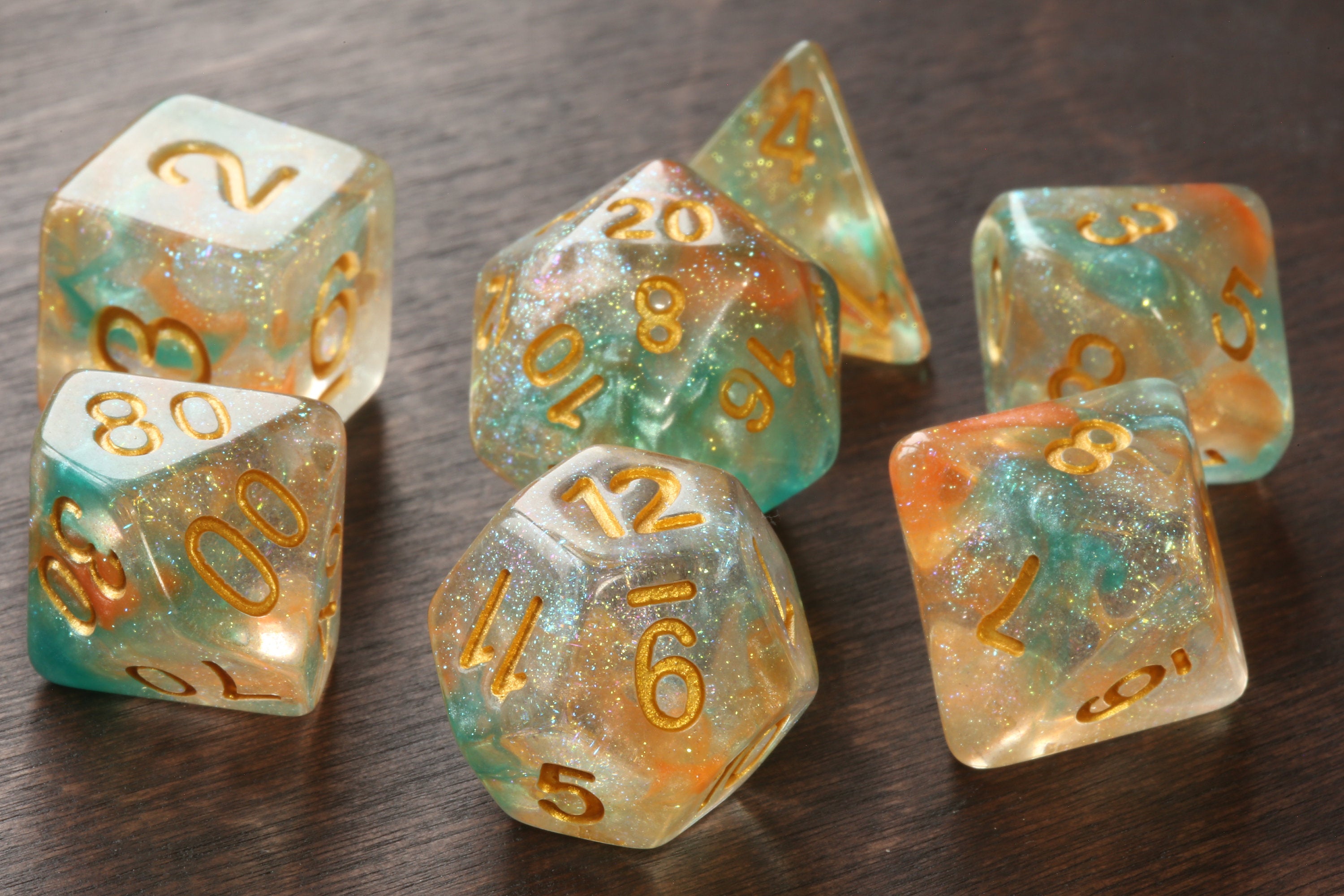 Swirls Dice Set Golden with turquoise orange - The Wizard's Vault