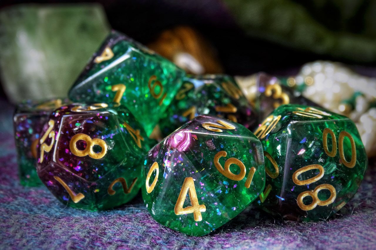 Elven dice vault and Galactic Fluorite dice set