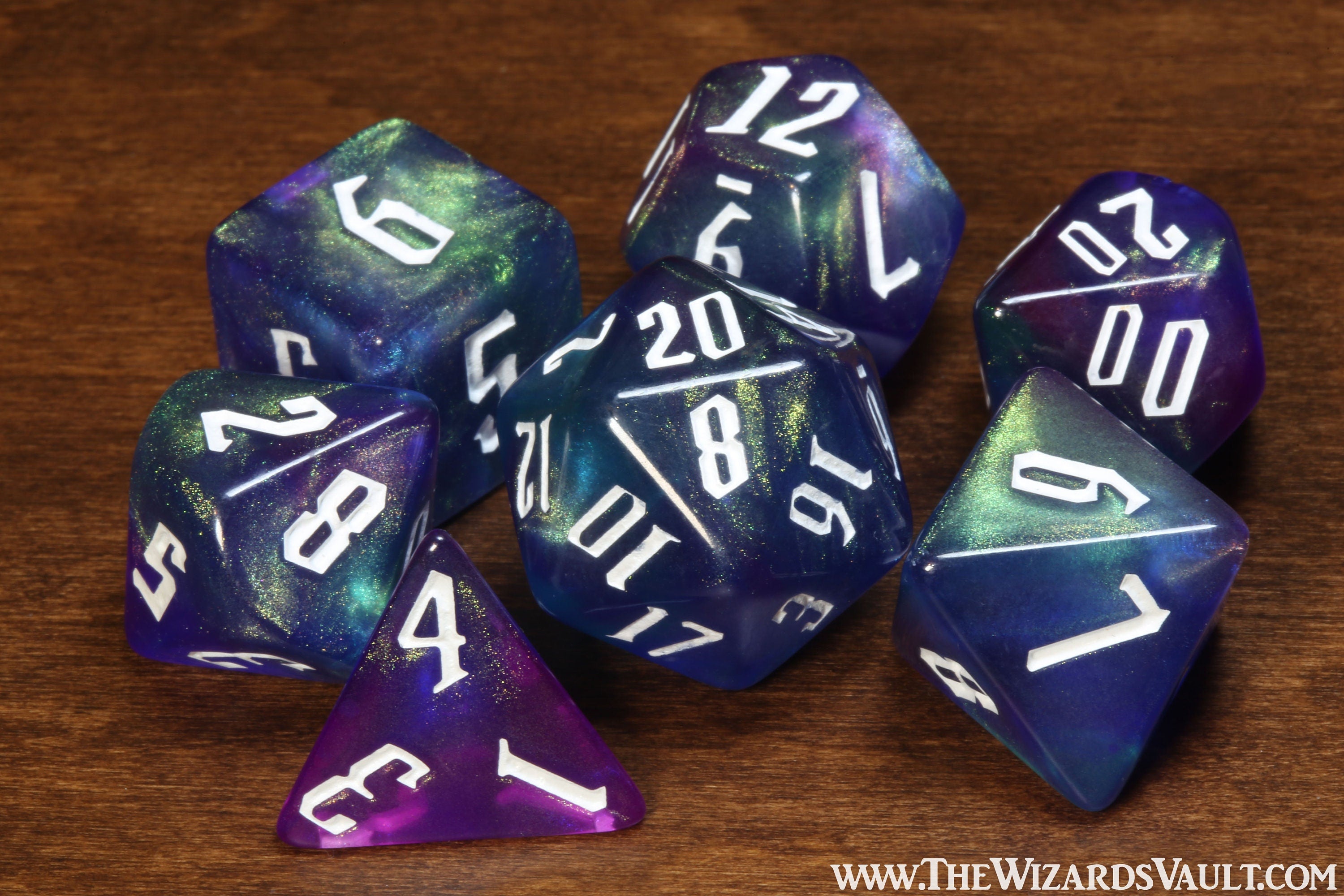 Northern lights - Purple blue green DND Dice, Translucent with glitters,Polyhedral dice set for Dungeons and Dragons, RPG,Role Playing games - The Wizard's Vault