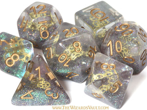 Aether Sprockets DND Dice set with small golden gear - The Wizard's Vault