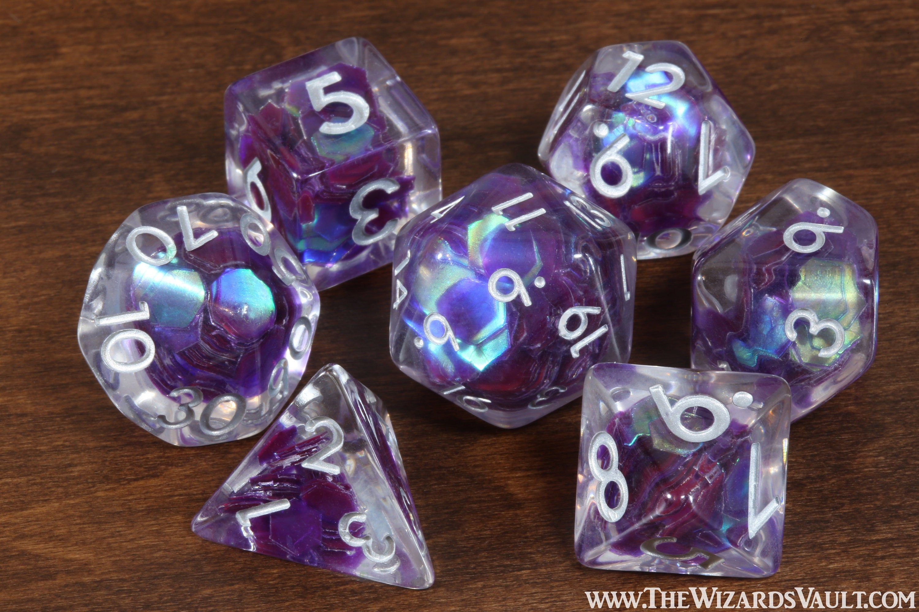 Naga Scales Dice Set - Transparent with large purple turquoise holographic confetti glitters, DND Dice set for Dungeons and Dragons - The Wizard's Vault