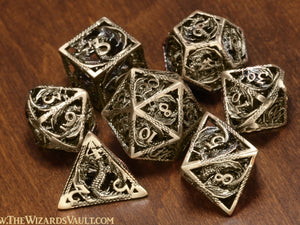 Metallic Dragon Dice Set - Hollow antique metal dice with dragon patterns - The Wizard's Vault