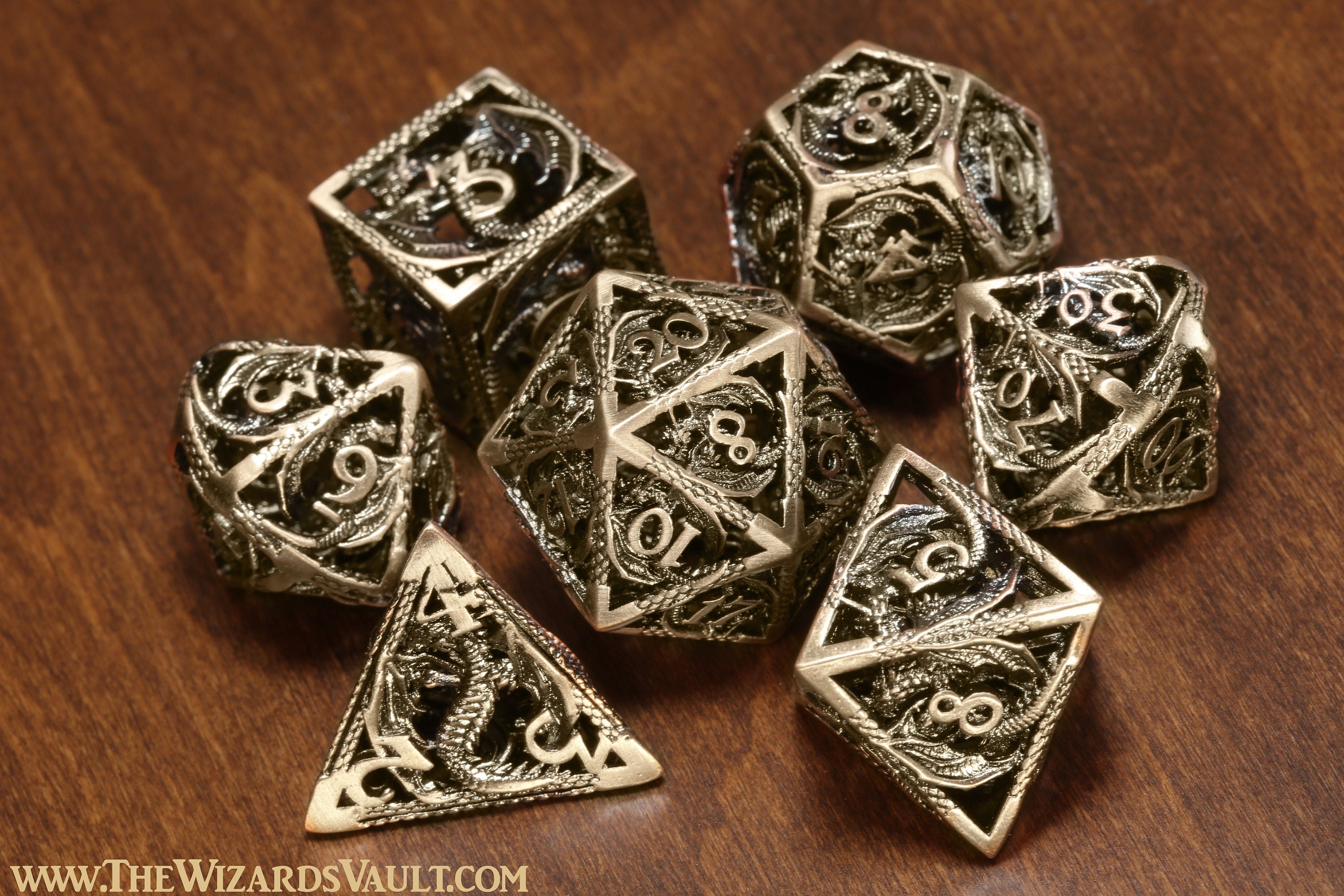 Metallic Dragon Dice Set - Hollow antique metal dice with dragon patterns - The Wizard's Vault