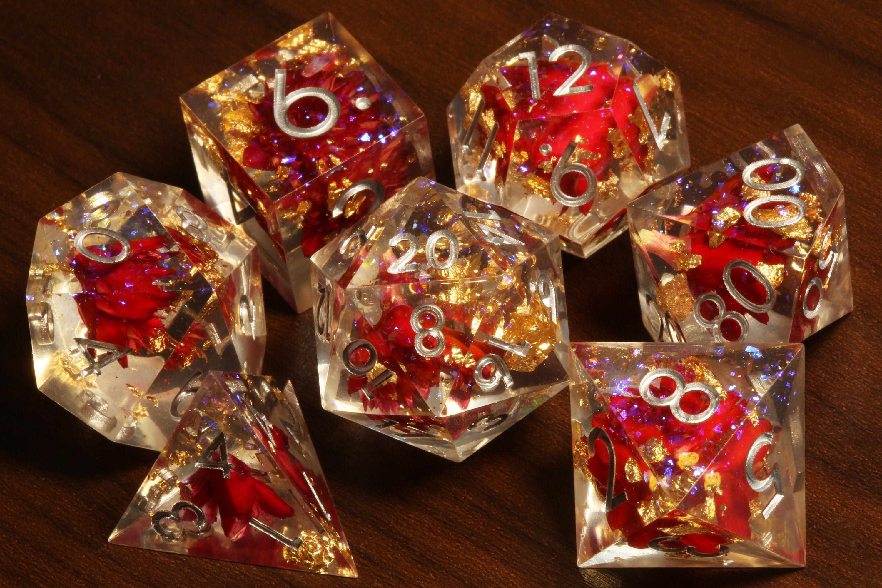 Red flowers sharp edge dice set with gold flakes and holographic glitters - The Wizard's Vault