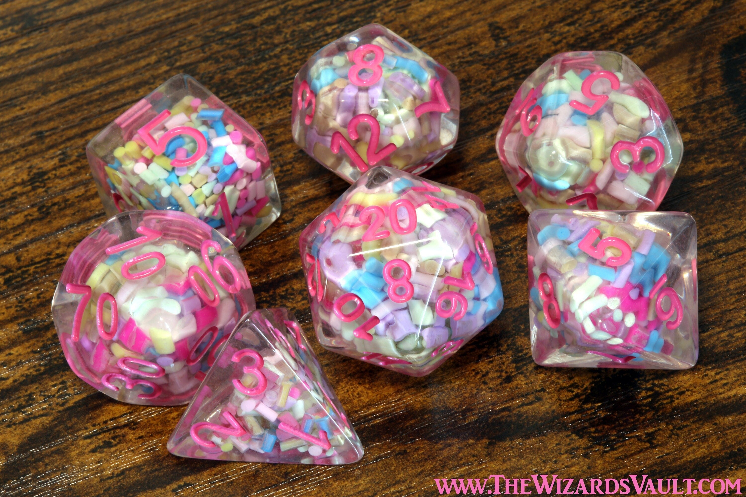 Funfetti cake dice set -  Sprinkle core DND Dice, Colorful sprinkles in a clear resin & pink font, Perfect Dungeon Master Birthday Gift - The Wizard's Vault