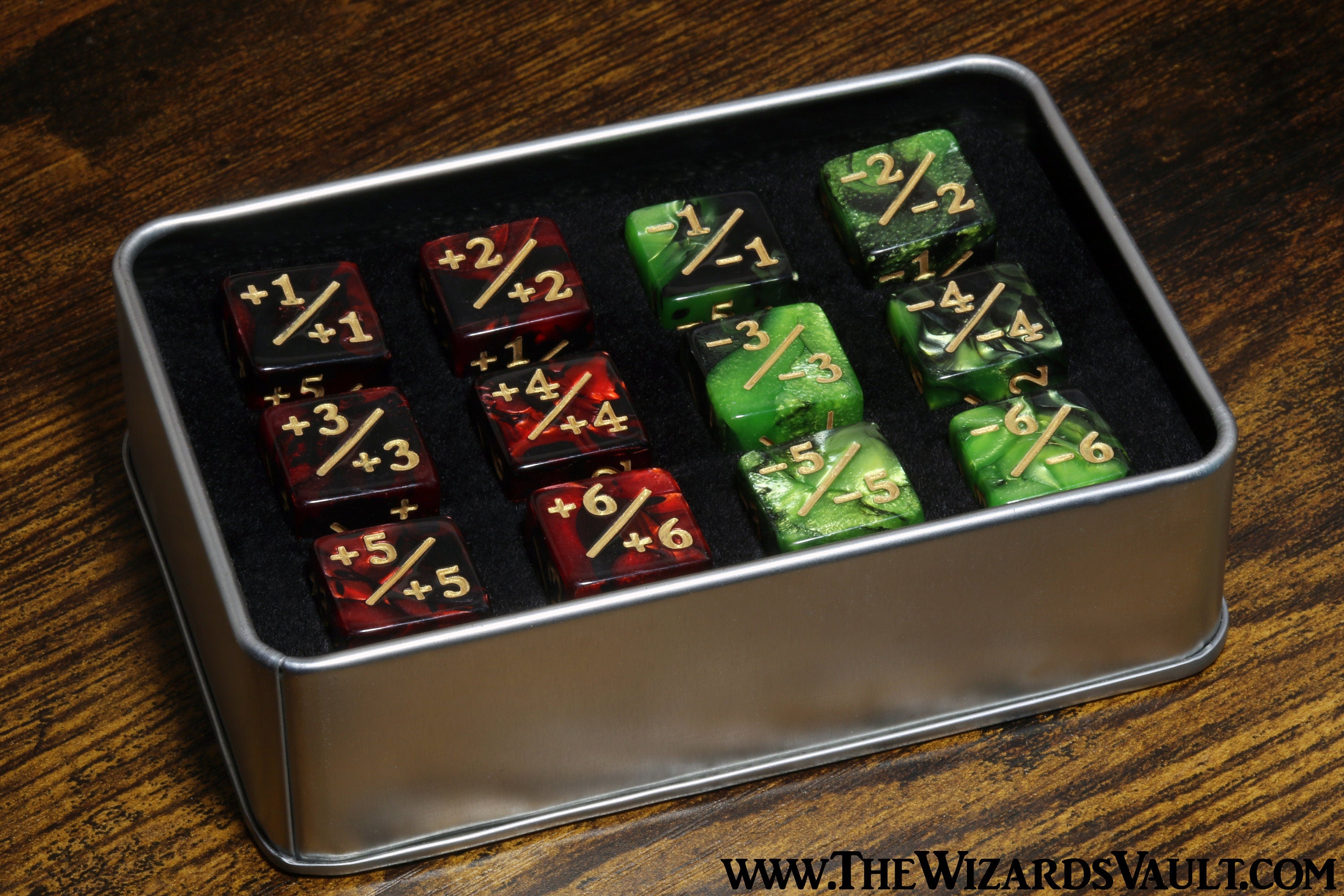 12 Dice Tokens for Magic The Gathering, MTG Dice,  Green -1/-1 counter, Red +1/+1 counter - The Wizard's Vault