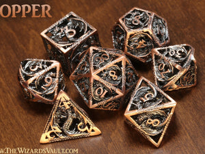 Metallic Dragon Dice Set - Hollow antique metal dice with dragon patterns - The Wizard's Vault