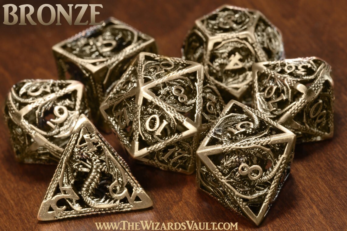 Metallic Dragon Dice Set - Hollow antique metal dice with dragon patterns - The Wizard's Vault
