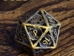 Metallic Dragon Dice Set - Hollow antique metal dice with dragon patterns - The Wizard's Vault