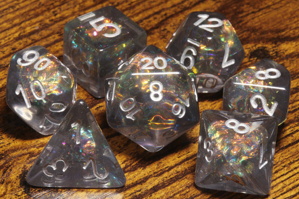 Smokey Grey dice set with Holographic inclusions DND Dice, Translucent with holo glitter , Role Playing games Dice storage, D&D Dice - The Wizard's Vault