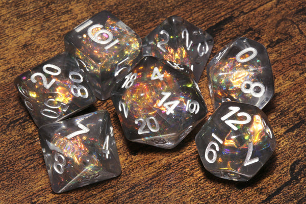Smokey Grey dice set with Holographic inclusions DND Dice, Translucent with holo glitter , Role Playing games Dice storage, D&D Dice - The Wizard's Vault