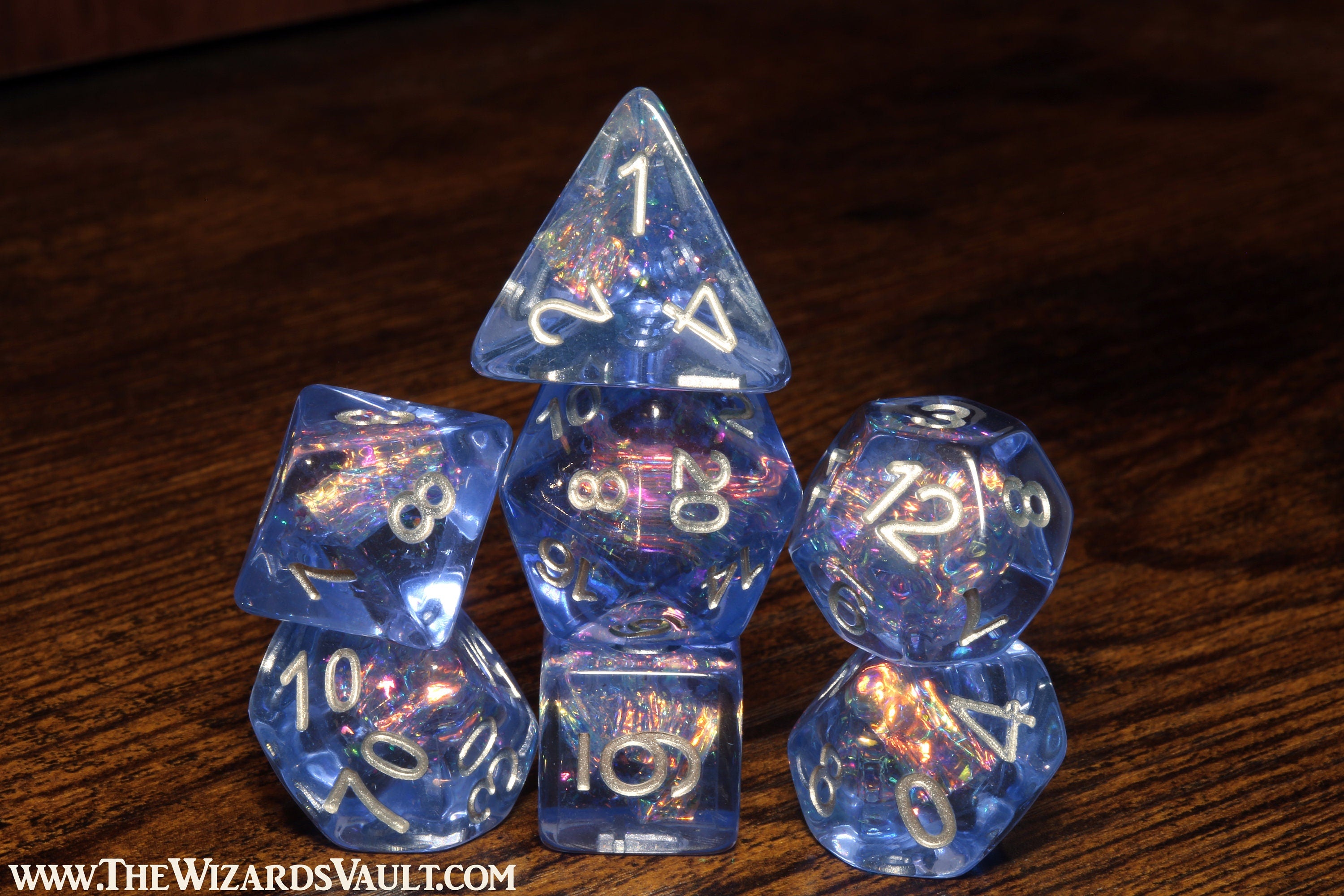 Thunder Wave dice set with Holographic inclusions DND Dice, Transparent blue with holo glitter , Role Playing games Dice storage, D&D Dice - The Wizard's Vault
