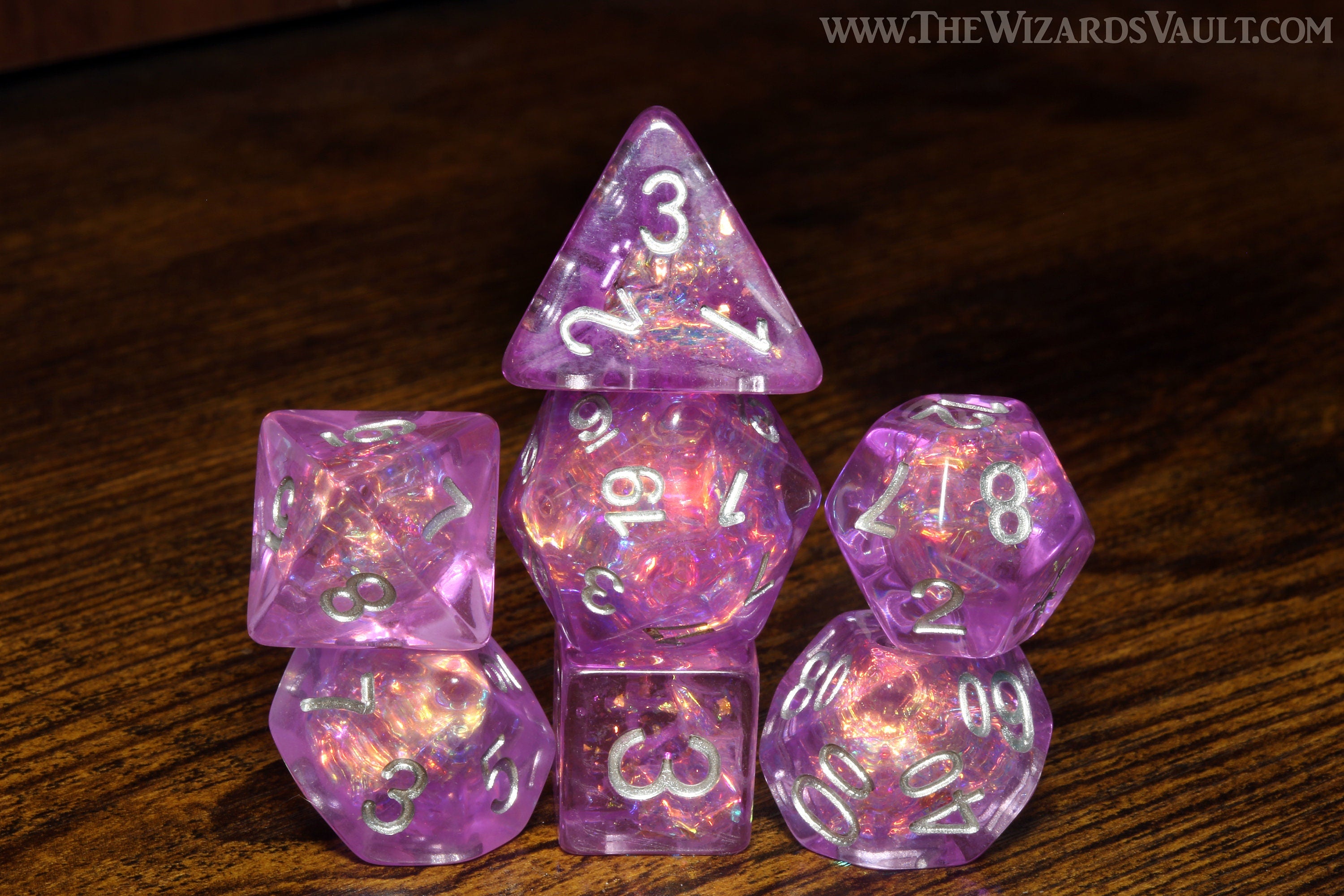 Purple dice set with Holographic inclusions DND Dice, Transparent violet with holo glitter , Role Playing games Dice storage, D&D Dice - The Wizard's Vault