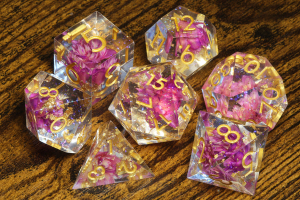 Fuchsia Pink flowers sharp edge dice set with gold flakes and holographic glitters - The Wizard's Vault