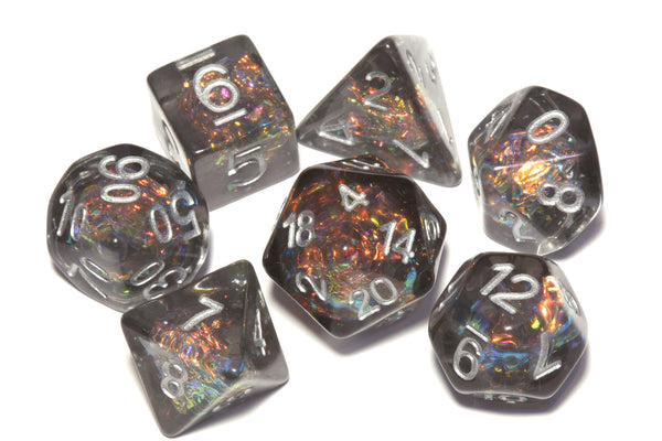 Smokey Grey dice set with Holographic inclusions DND Dice, Translucent with holo glitter , Role Playing games Dice storage, D&D Dice - The Wizard's Vault