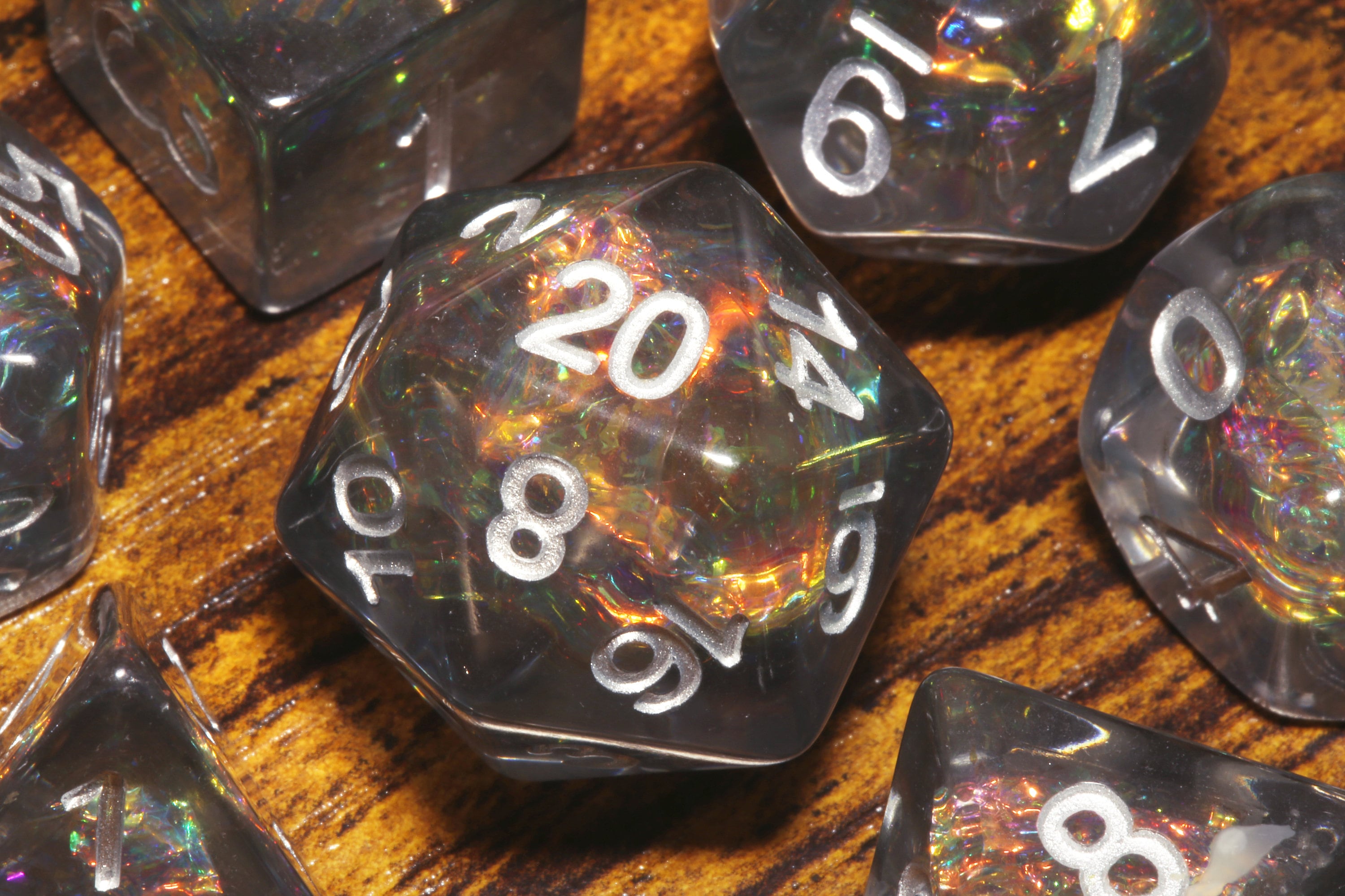 Smokey Grey dice set with Holographic inclusions DND Dice, Translucent with holo glitter , Role Playing games Dice storage, D&D Dice - The Wizard's Vault