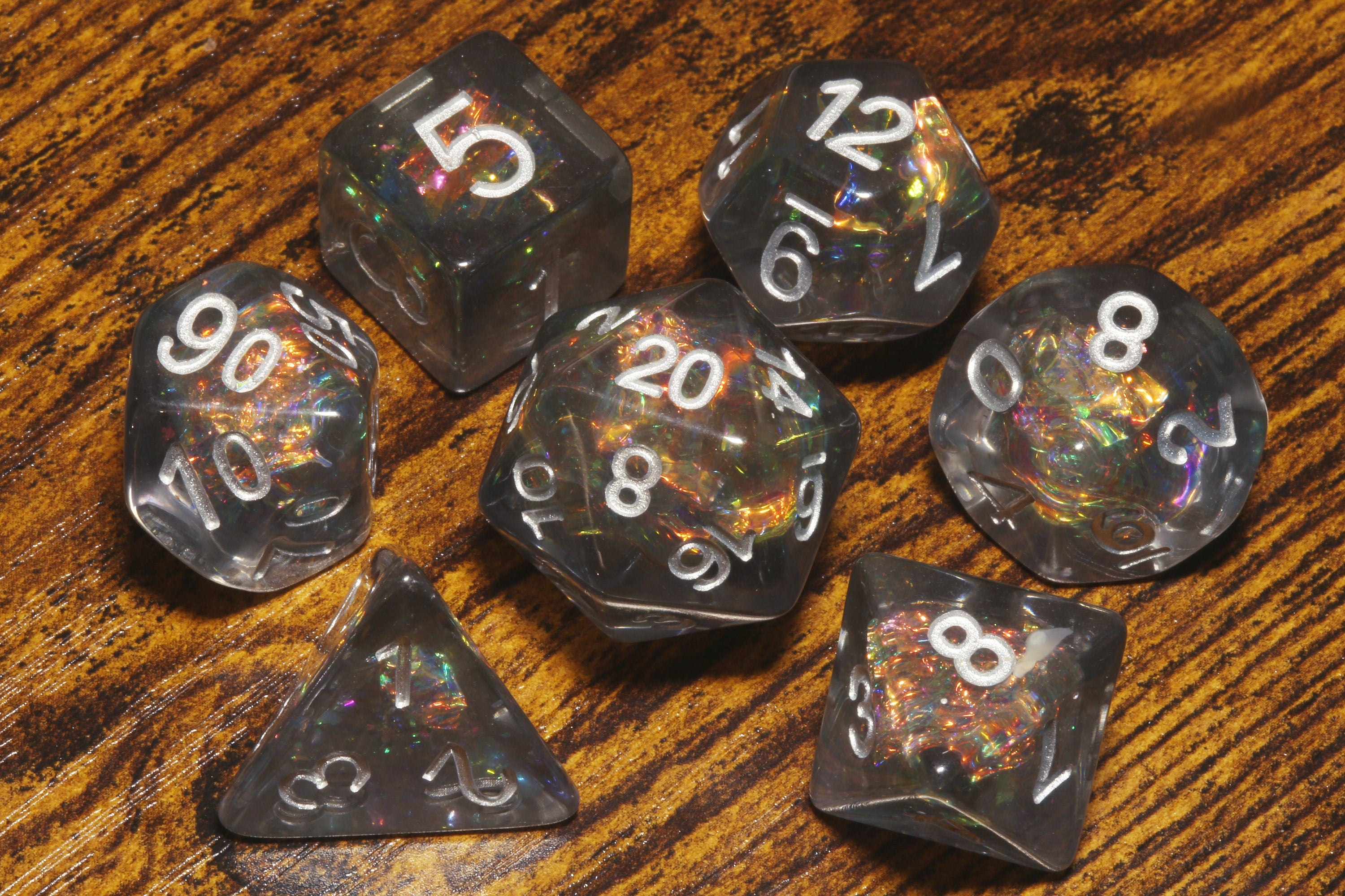 Smokey Grey dice set with Holographic inclusions DND Dice, Translucent with holo glitter , Role Playing games Dice storage, D&D Dice - The Wizard's Vault