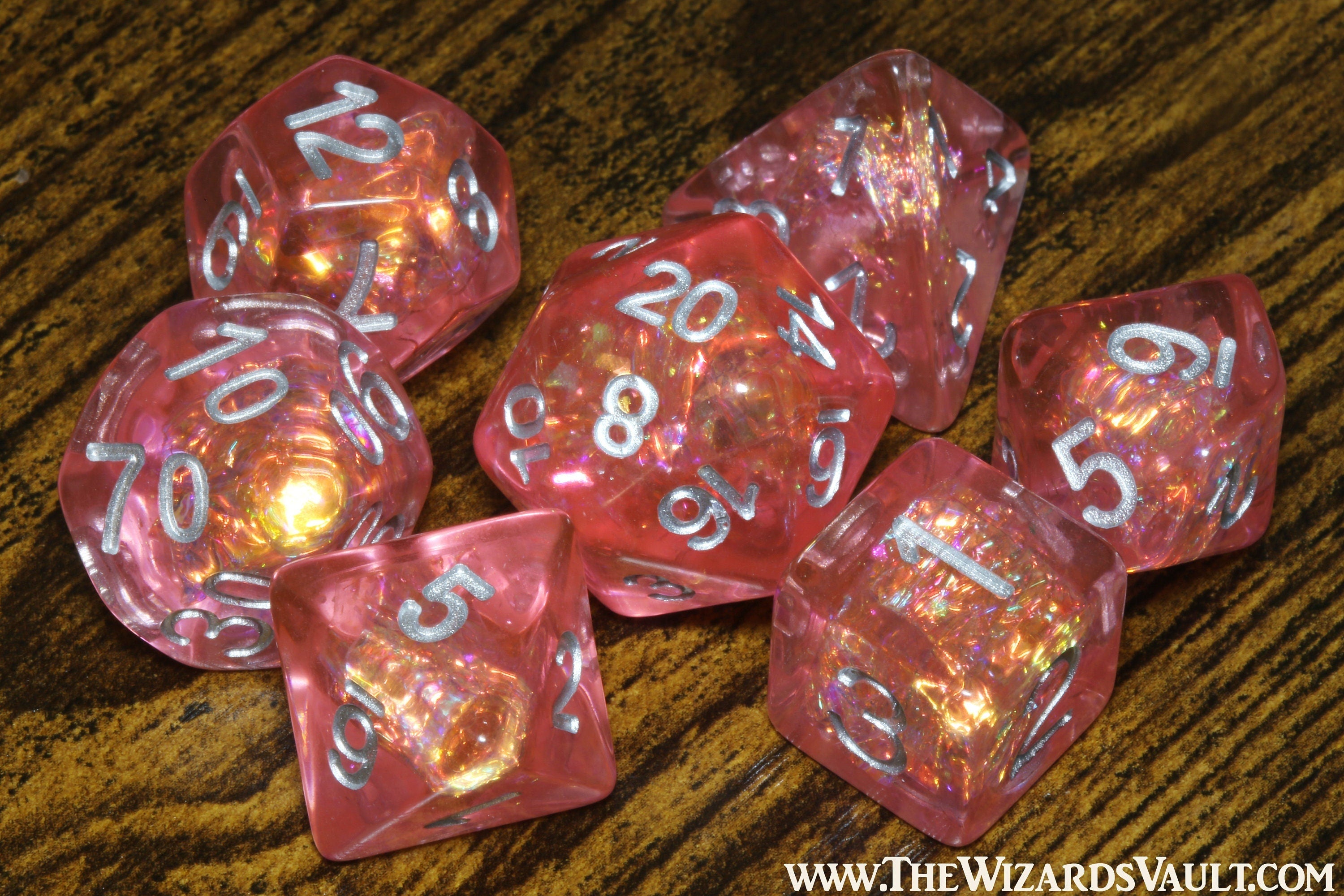 Fire Burst dice set with Holographic foil inclusions DND Dice, Transparent red orange coral pink , Role Playing games Dice storage, D&D - The Wizard's Vault