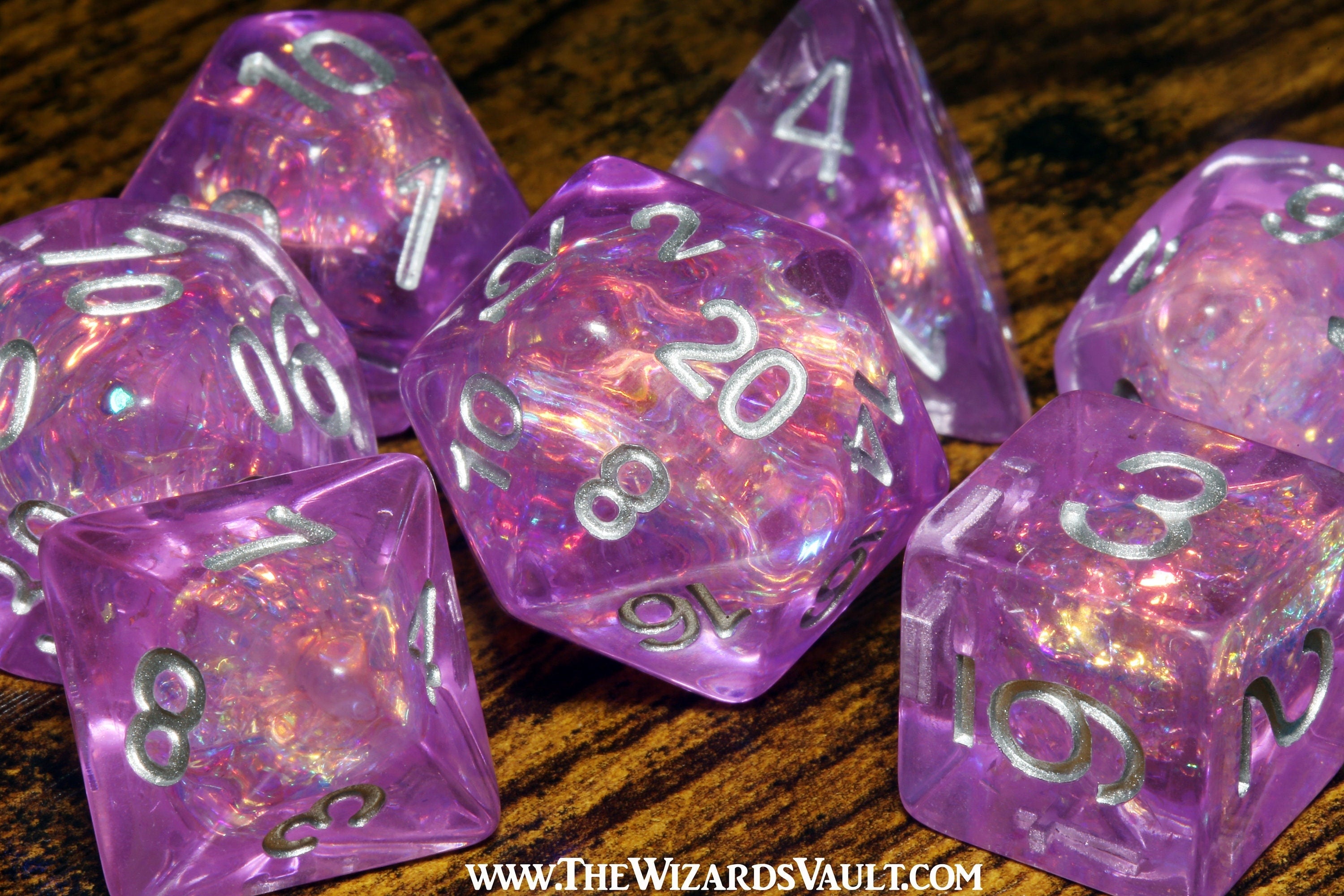 Purple dice set with Holographic inclusions DND Dice, Transparent violet with holo glitter , Role Playing games Dice storage, D&D Dice - The Wizard's Vault