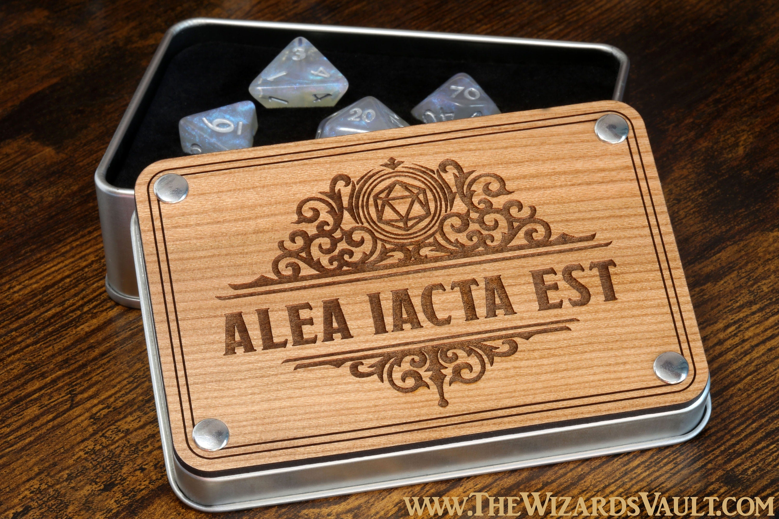 Alea Iacta Est engraved dice box and Divine Radiance dice set