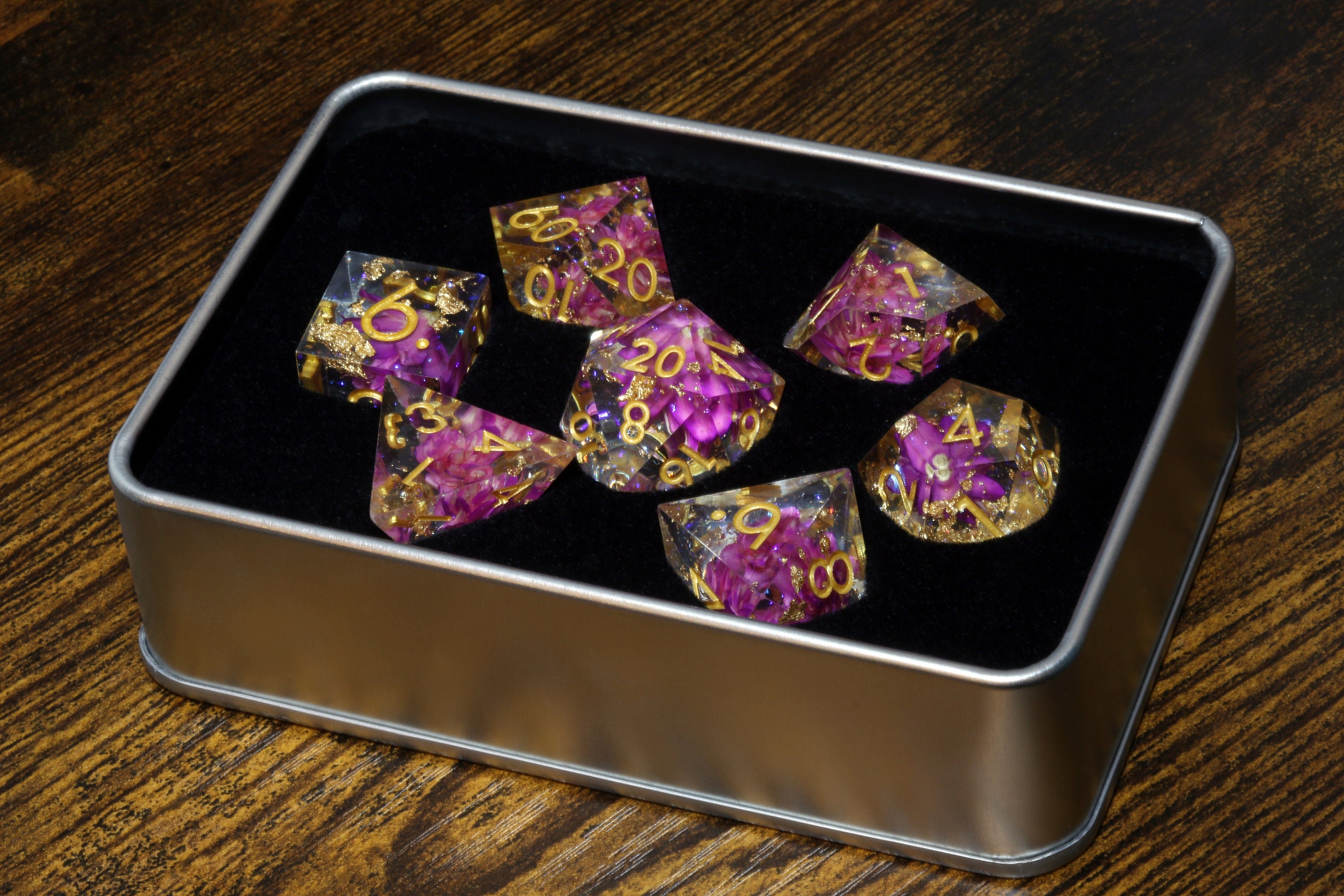 You're a critical hit to my heart dice box and fuchsia pink flowers sharp edge dice set