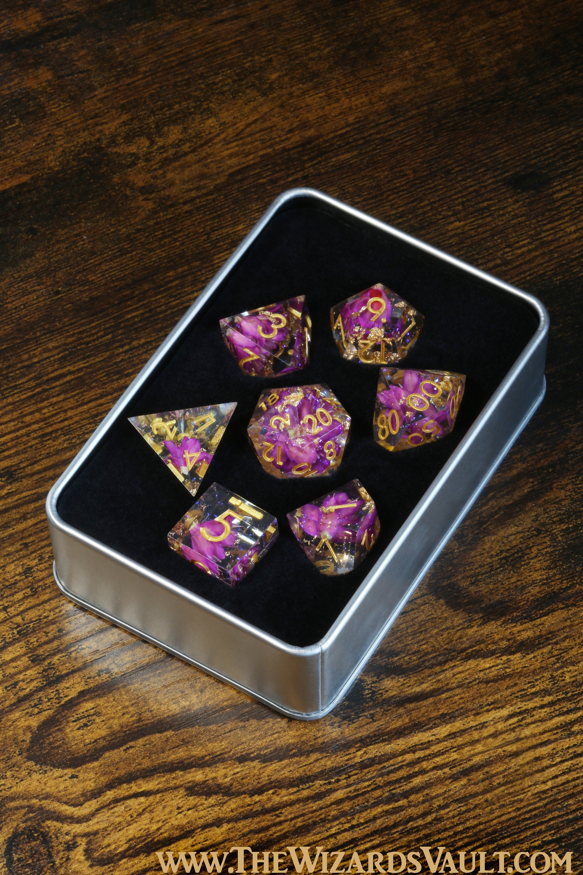 Pink Rose dice box with Fuchsia Pink flowers sharp edge dice set