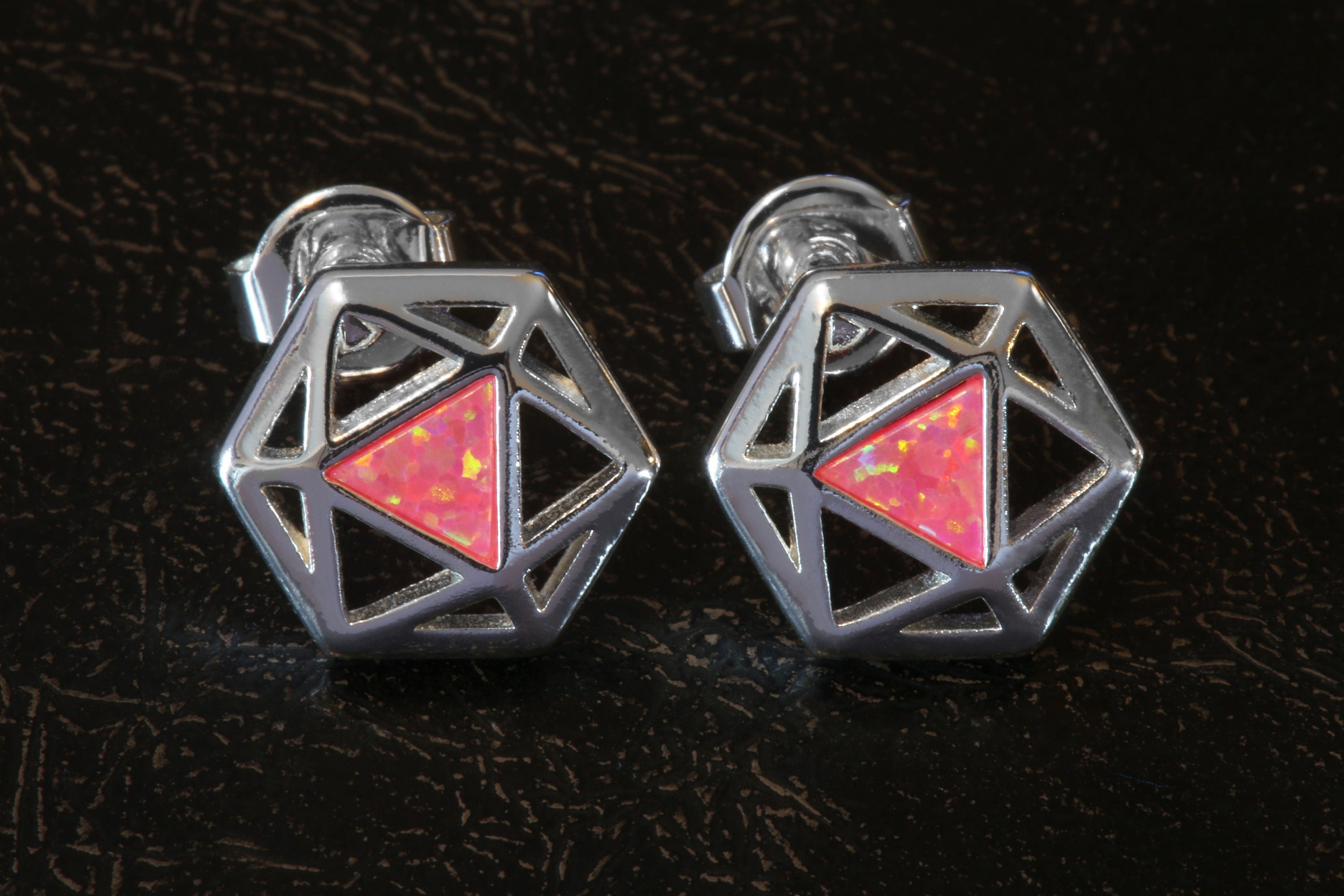 D20 Dice stud earrings, Dice earrings with pink opal