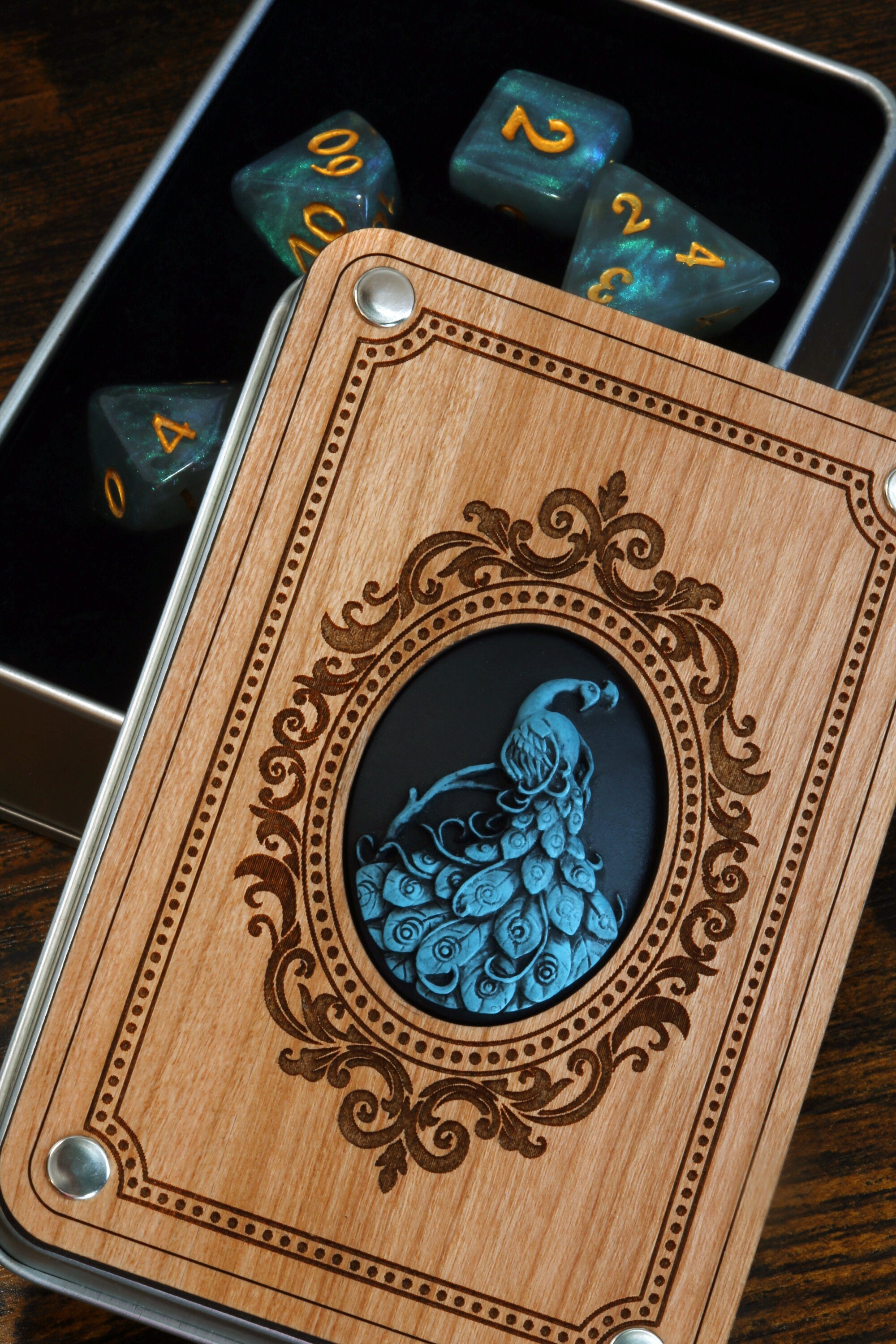 Blue Peacock dice box and Celestial Aura dice set