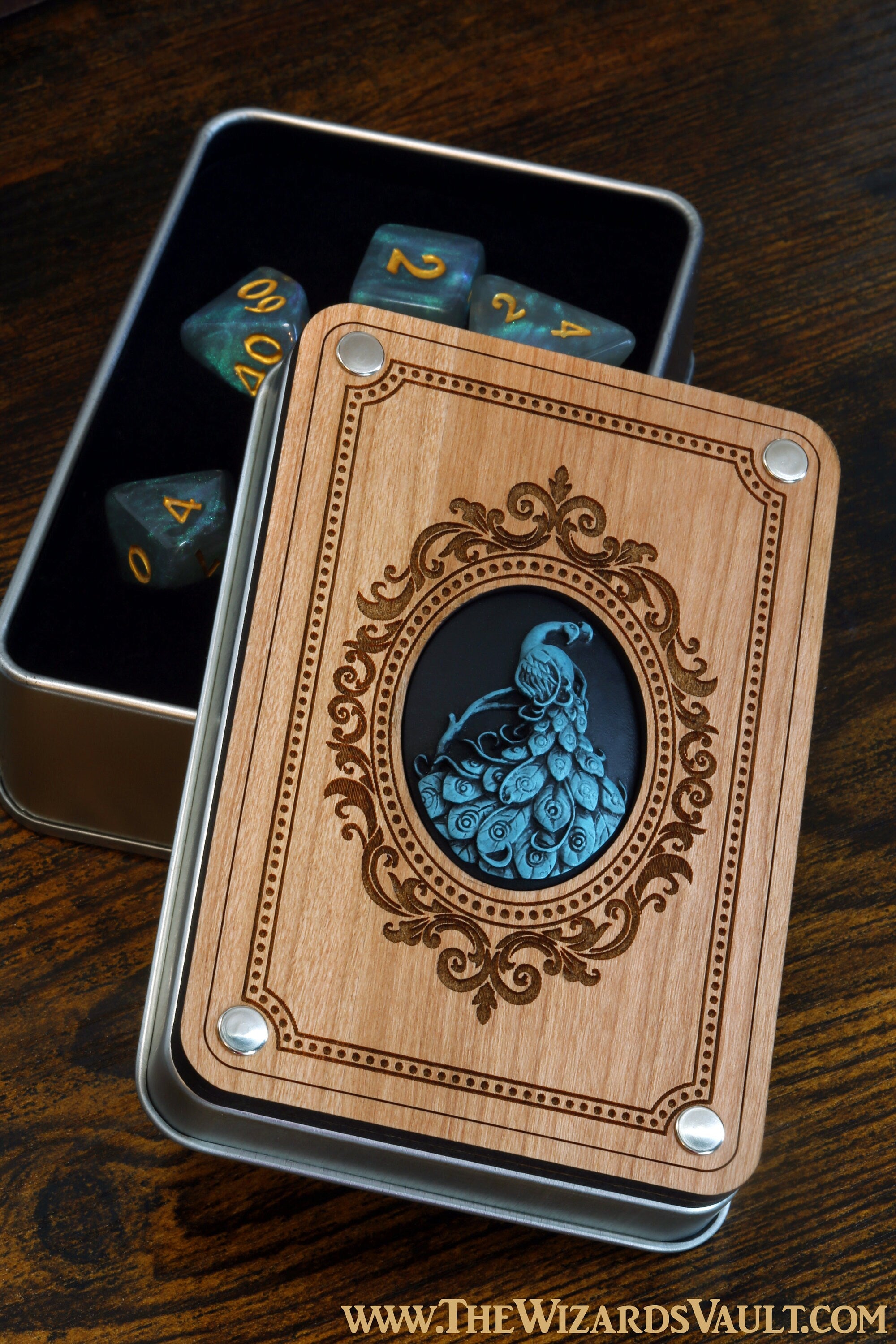 Blue Peacock dice box and Celestial Aura dice set