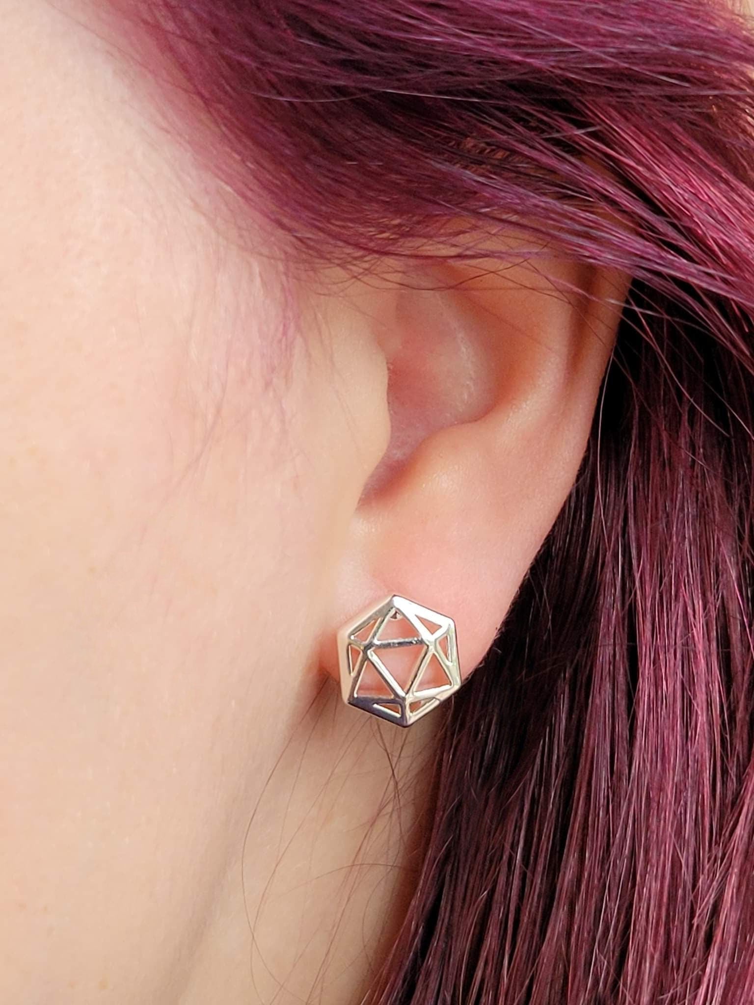 D20 Dice stud earrings, Dice earrings with pink opal