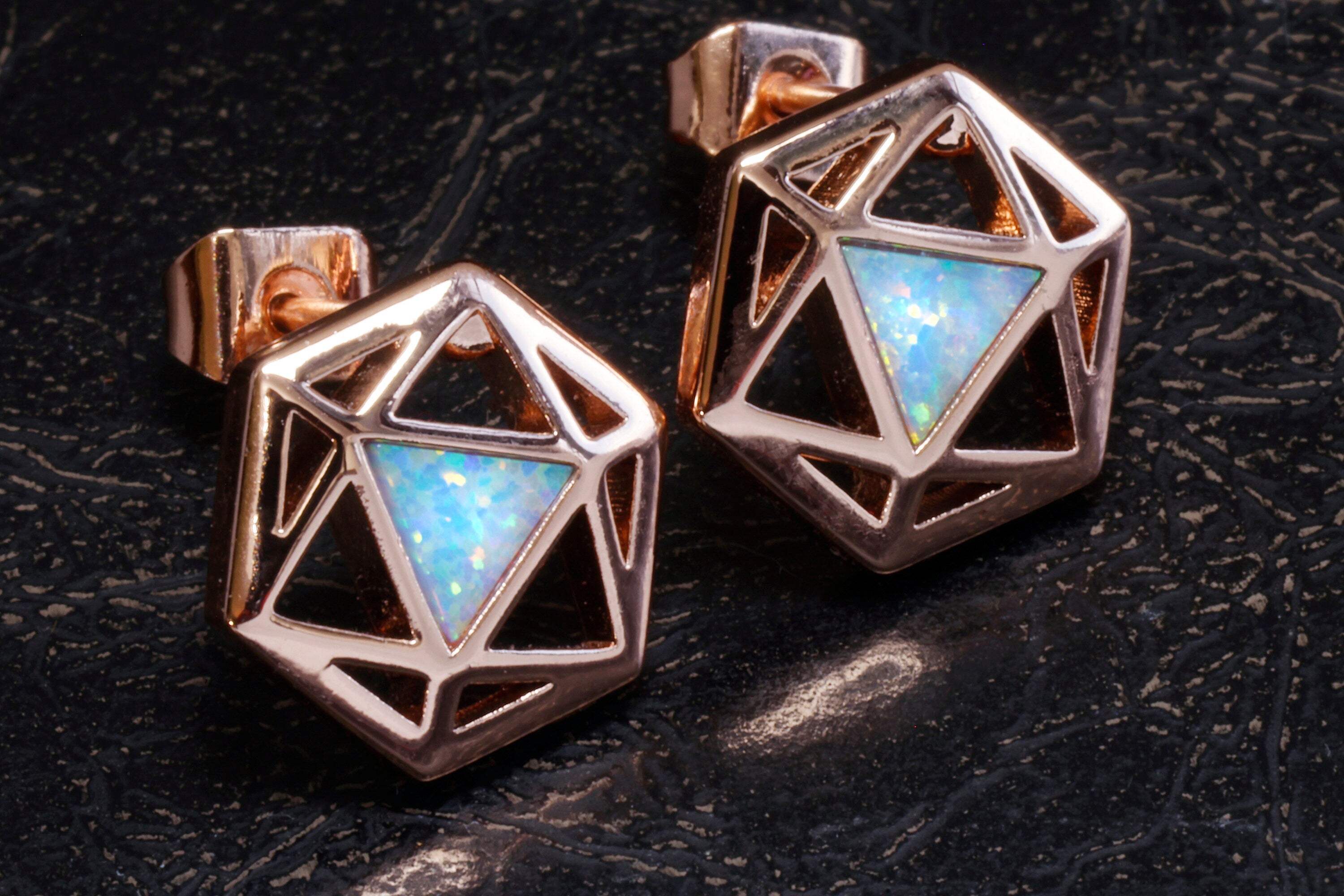 D20 Dice stud earrings, Rose gold dice earrings with light blue opal