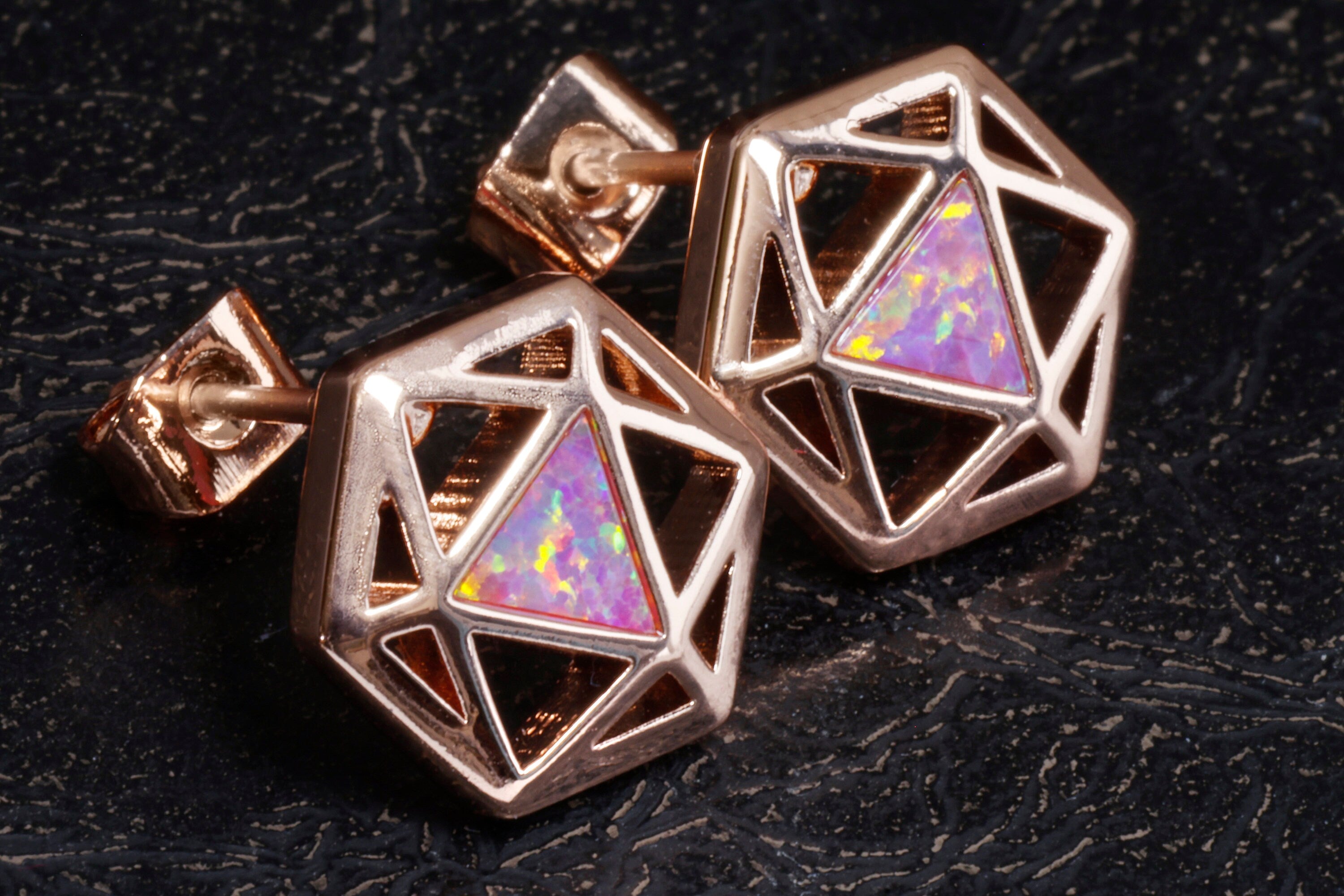 D20 Dice stud earrings, Rose gold dice earrings with light red opal