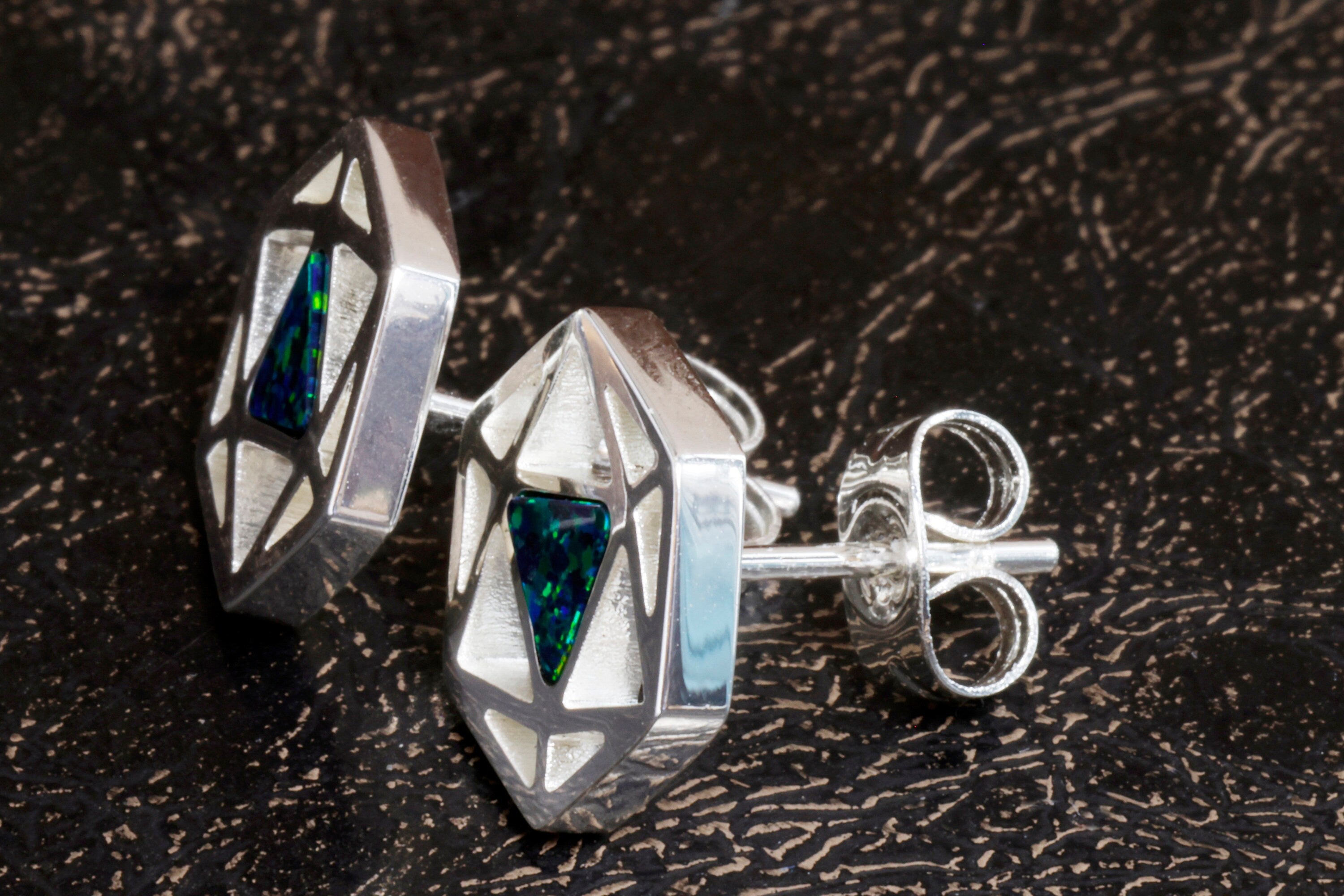 D20 Dice stud earrings, Dice earrings with dark blue black opal