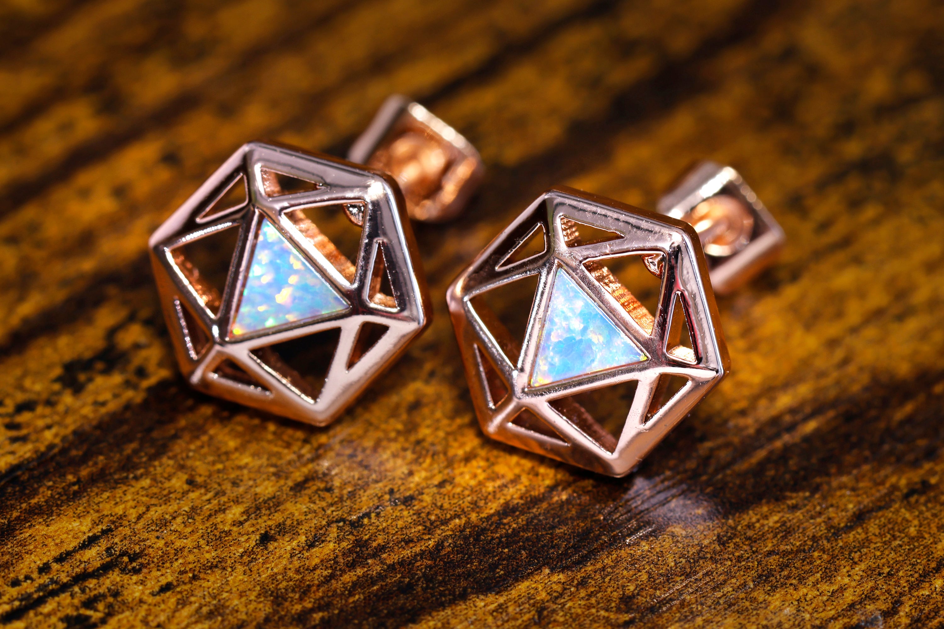 D20 Dice stud earrings, Rose gold dice earrings with light blue opal