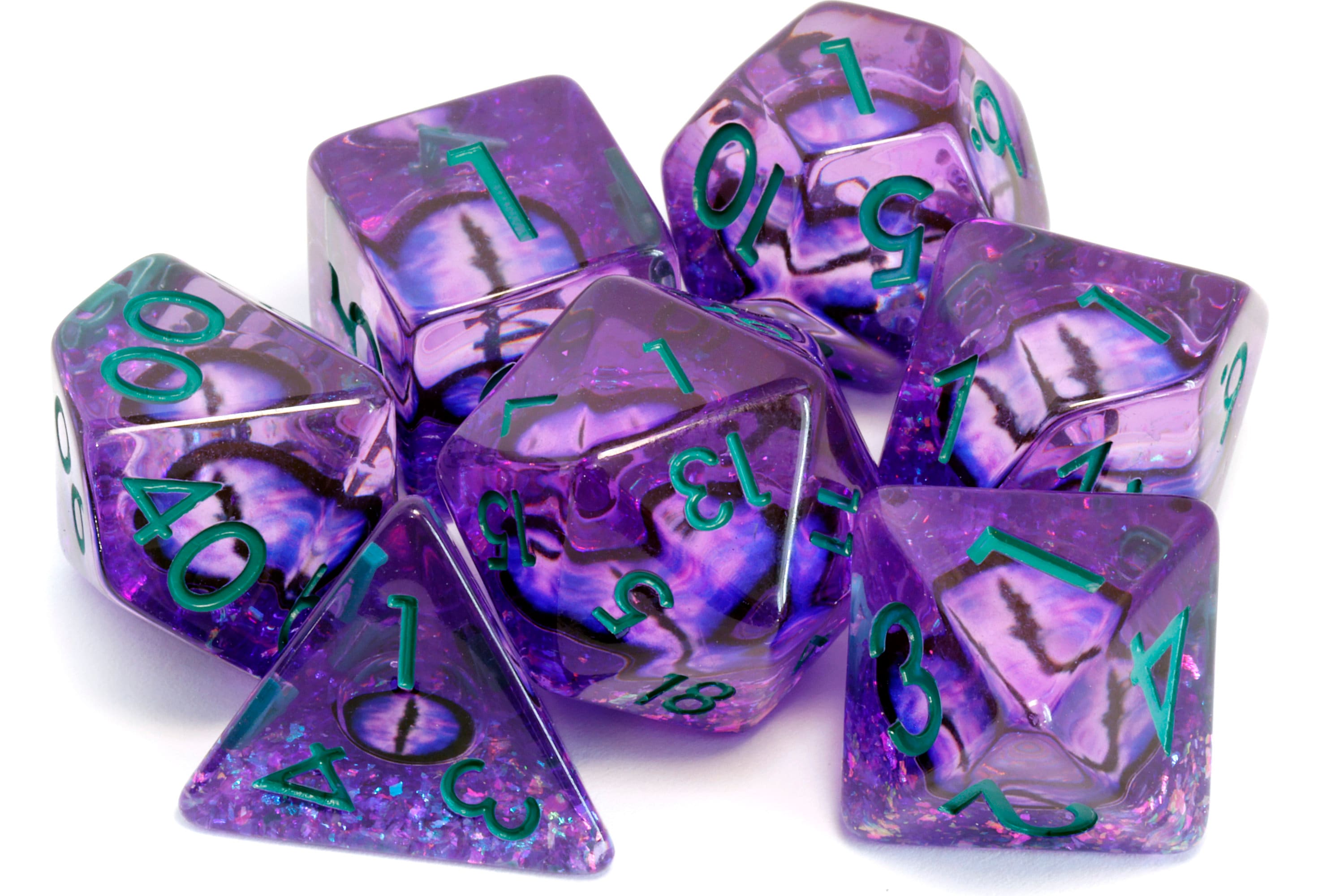 Mystic Eye Engraved Dice Vault and dice set with eyes purple eyes