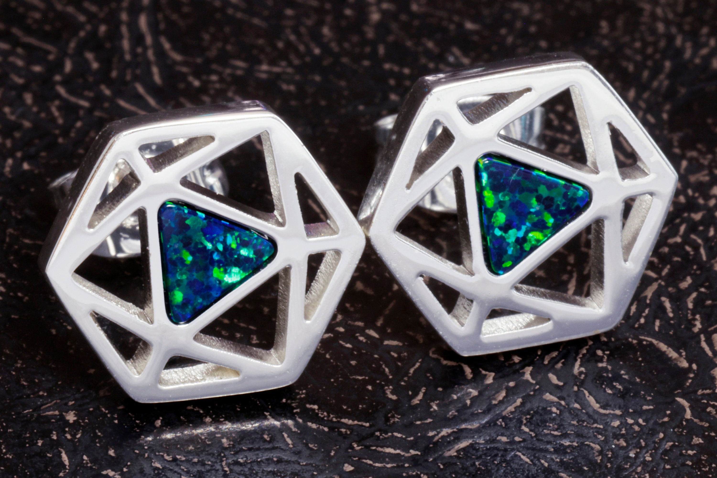 D20 Dice stud earrings, Dice earrings with dark blue black opal