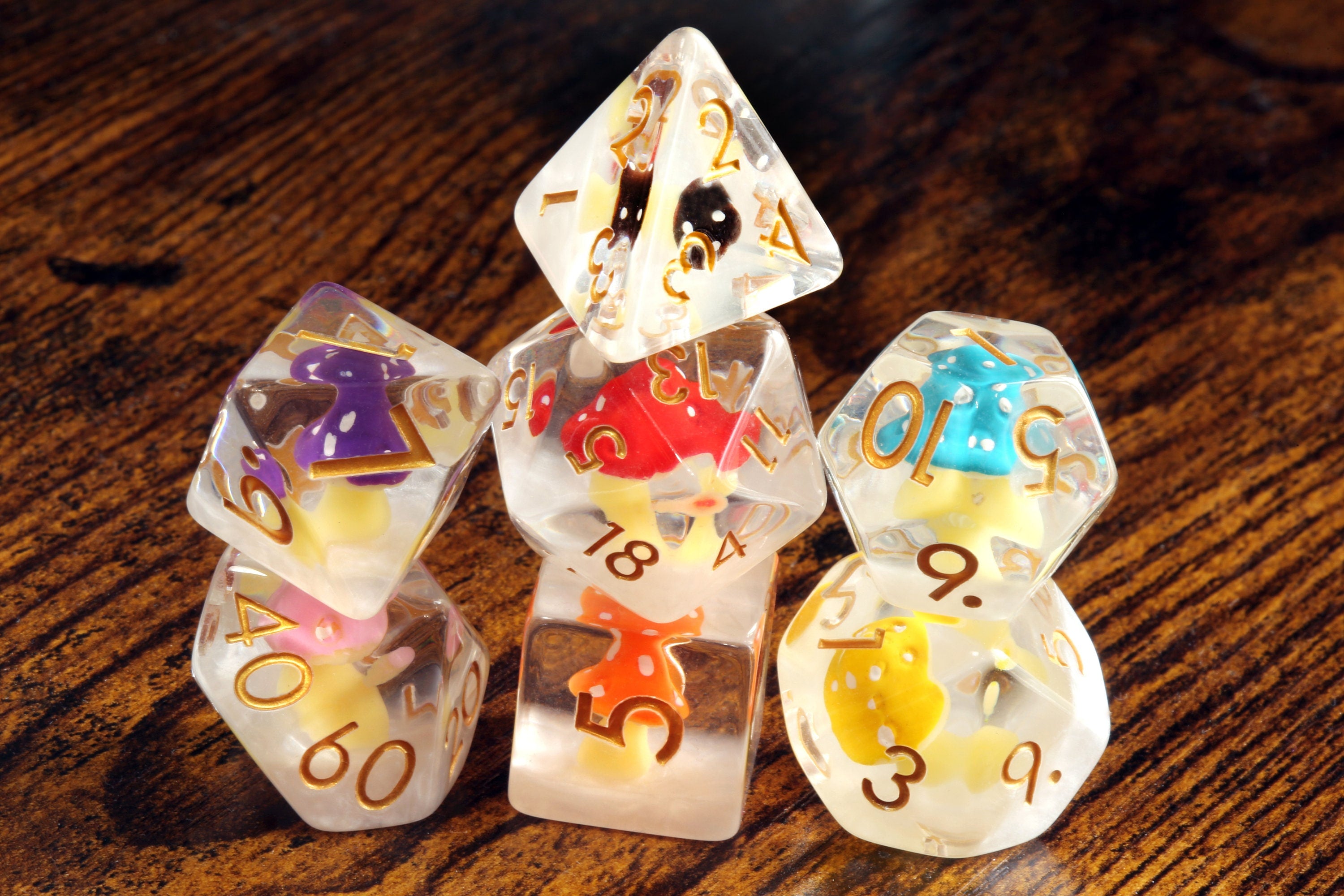Mushroom Familly dice box and Multicolored Mushroom dice set