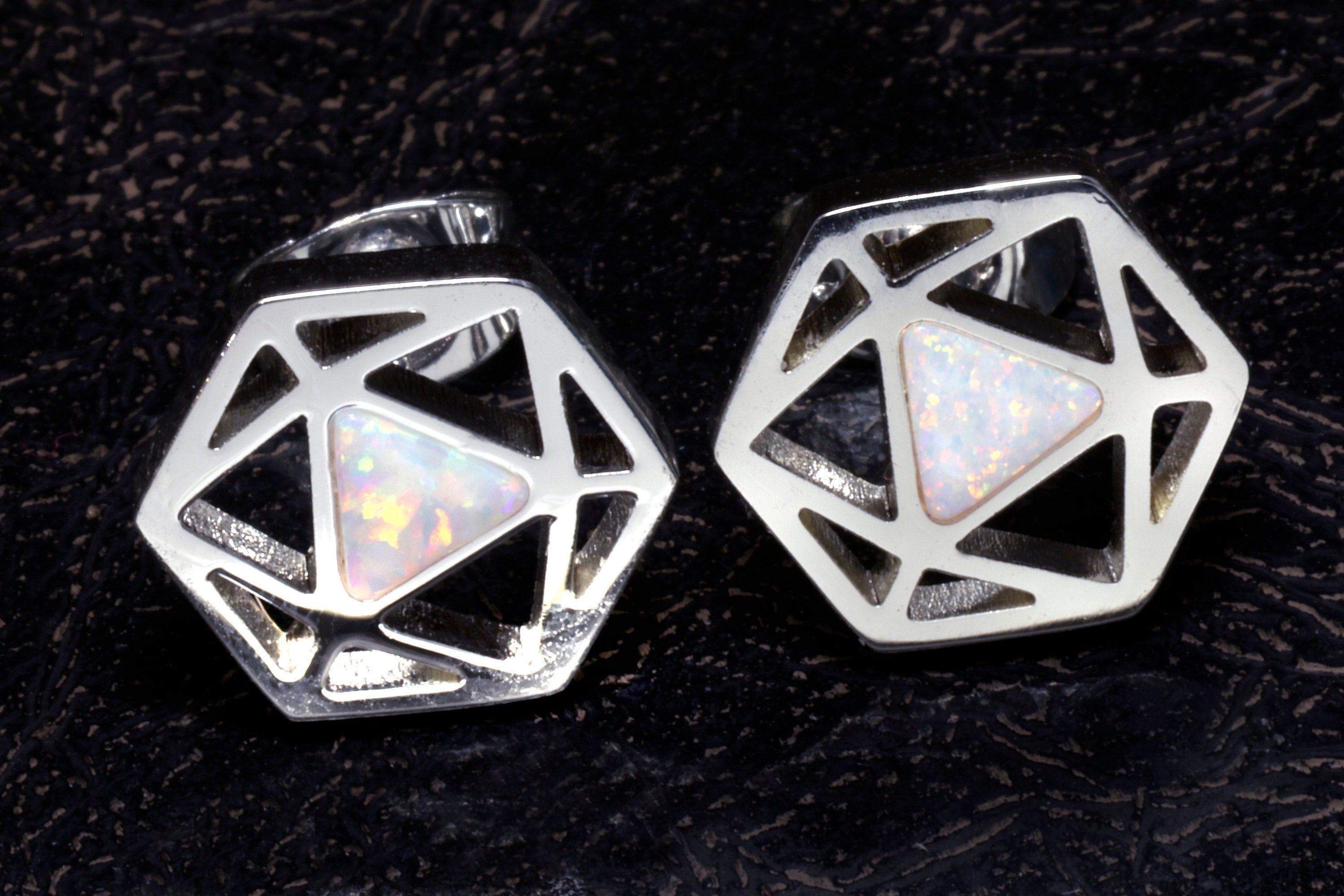 D20 Dice stud earrings, Dice earrings with ice white opal