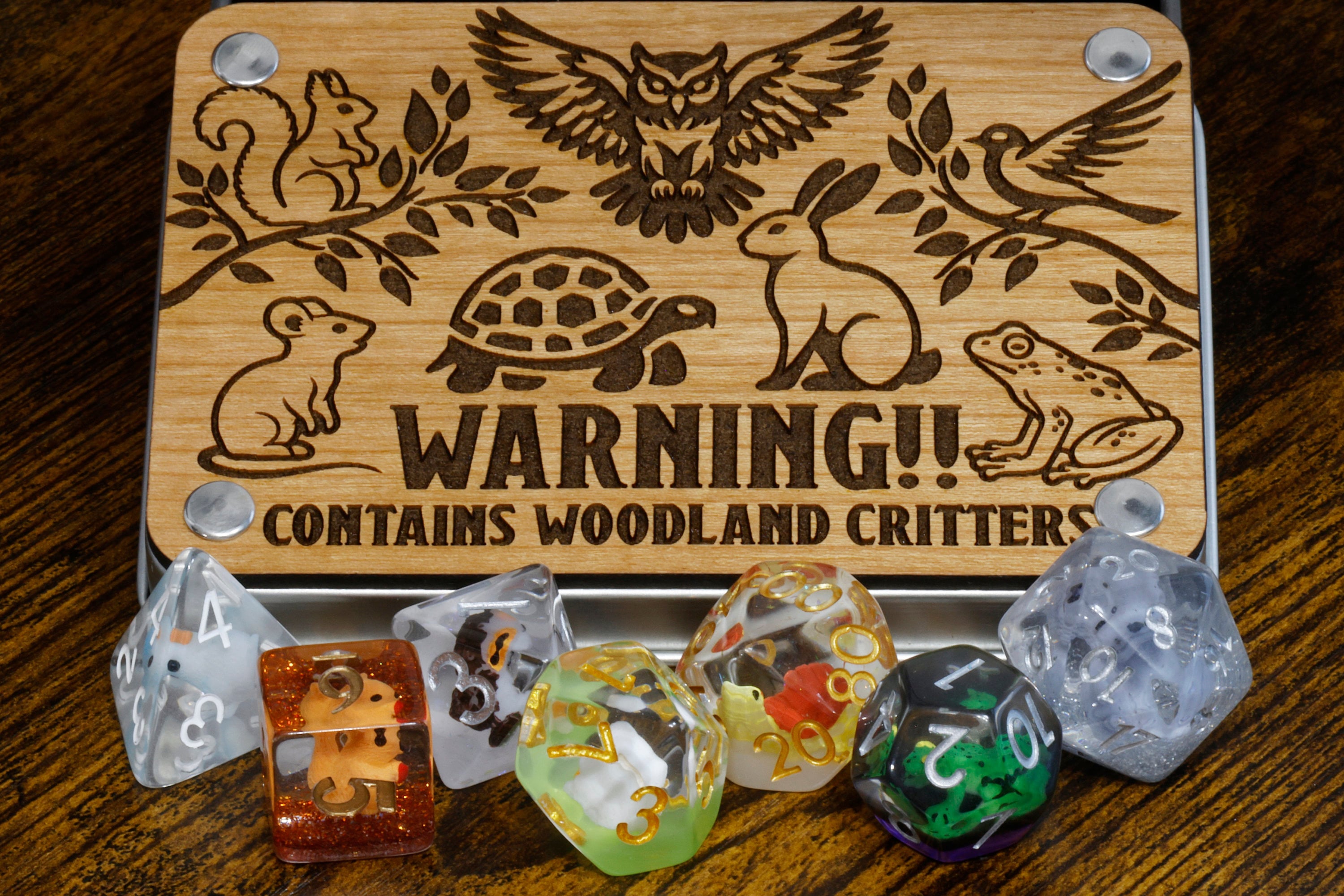 Woodland critters dice box and mixed animals dice set