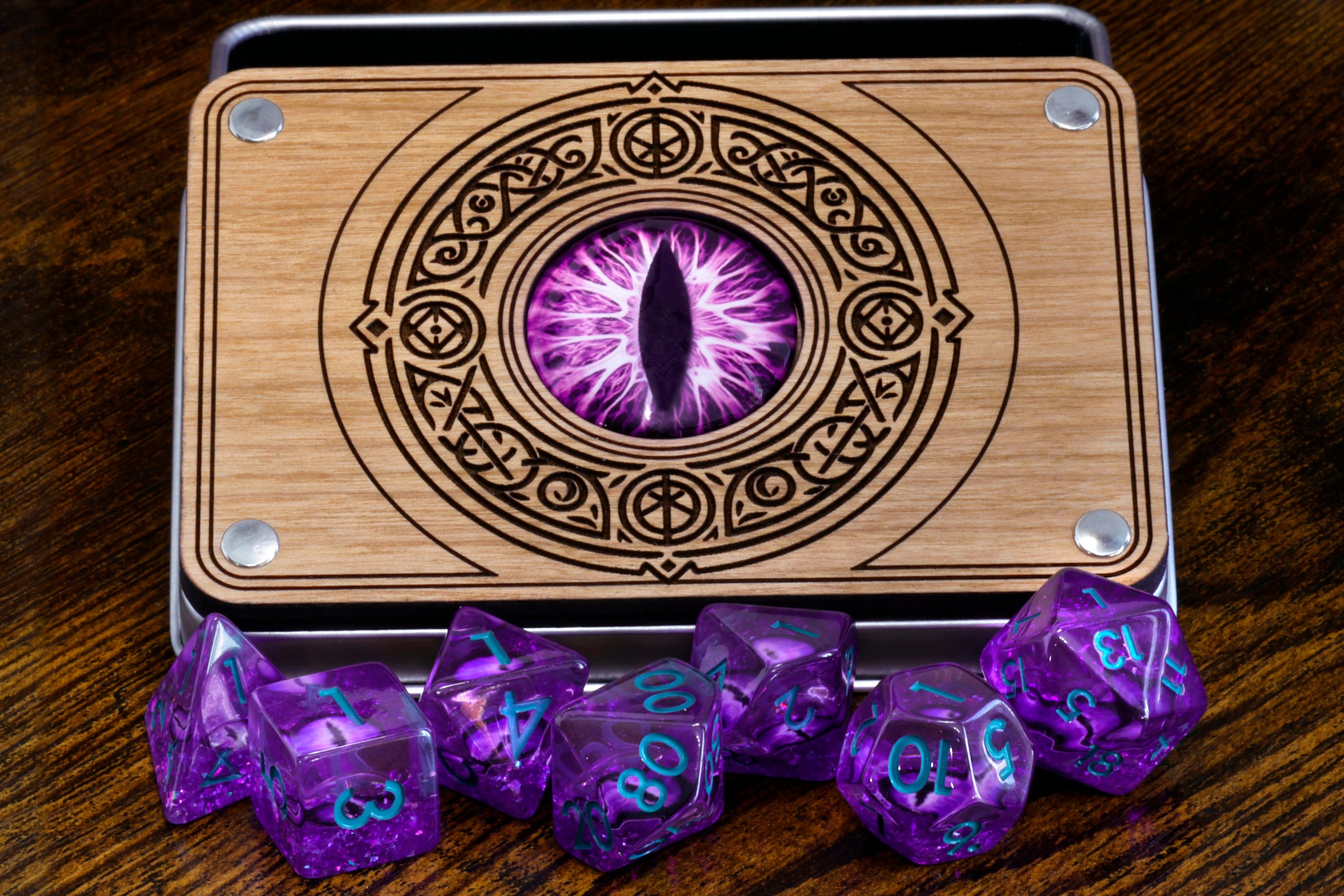 Mystic Eye Engraved Dice Vault and dice set with eyes purple eyes