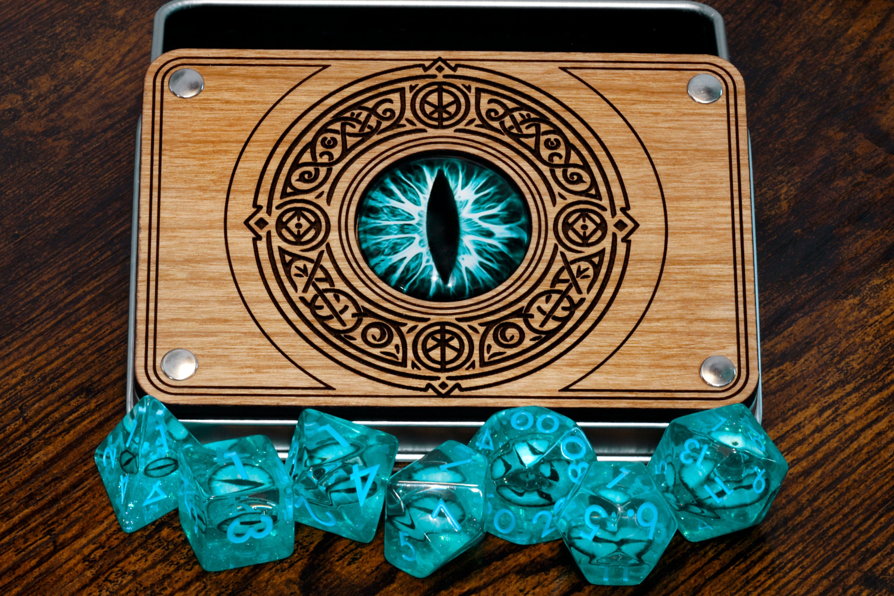 Mystic Eye Engraved Dice Vault and dice set with eyes aqua blue eyes