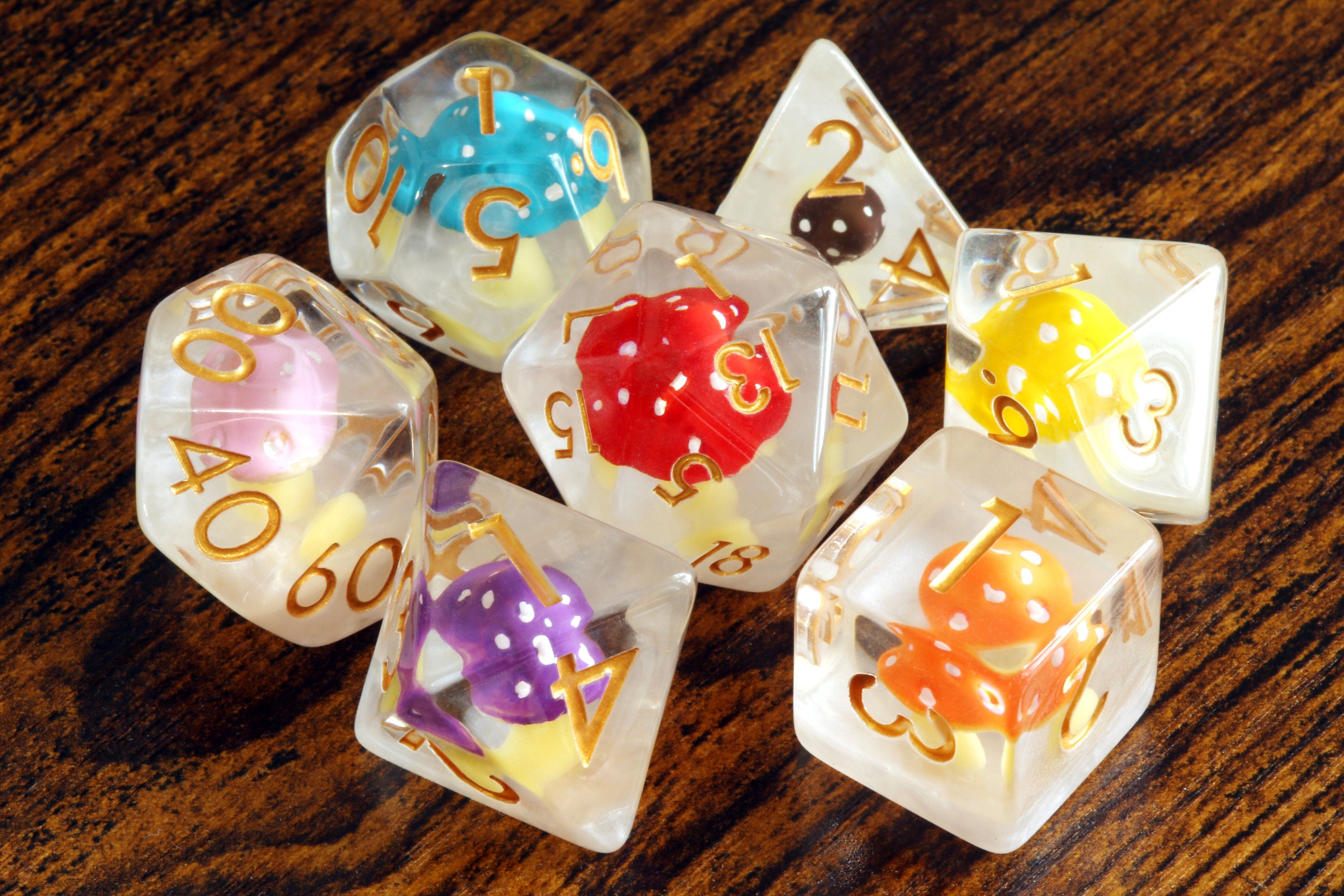 Mushroom Dice Vault and Multicolored Mushroom dice set